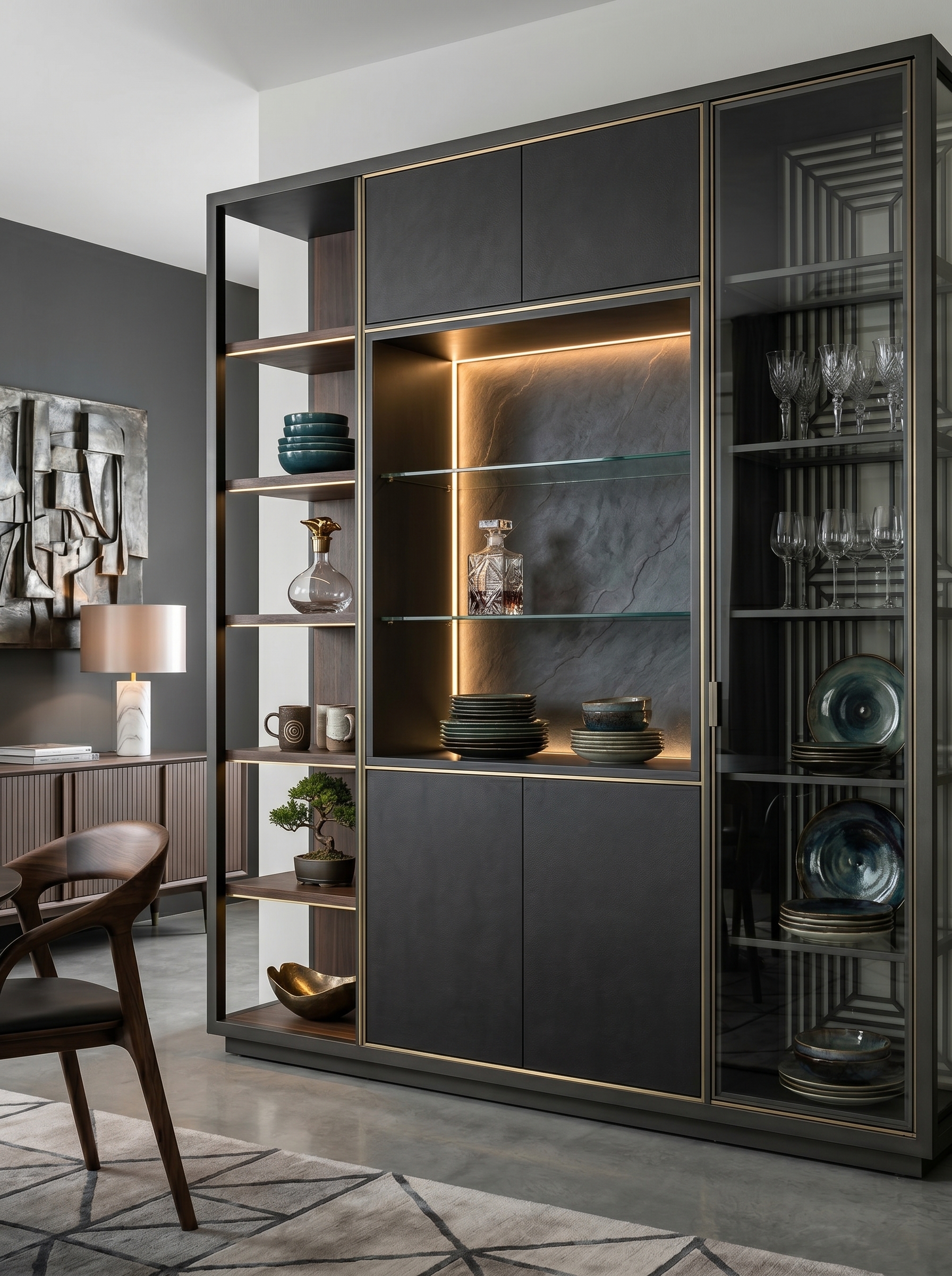 Multi-purpose crockery unit with coffee corner, glass display storage, wooden shelves, LED lighting, pantry jars, and lower cabinets