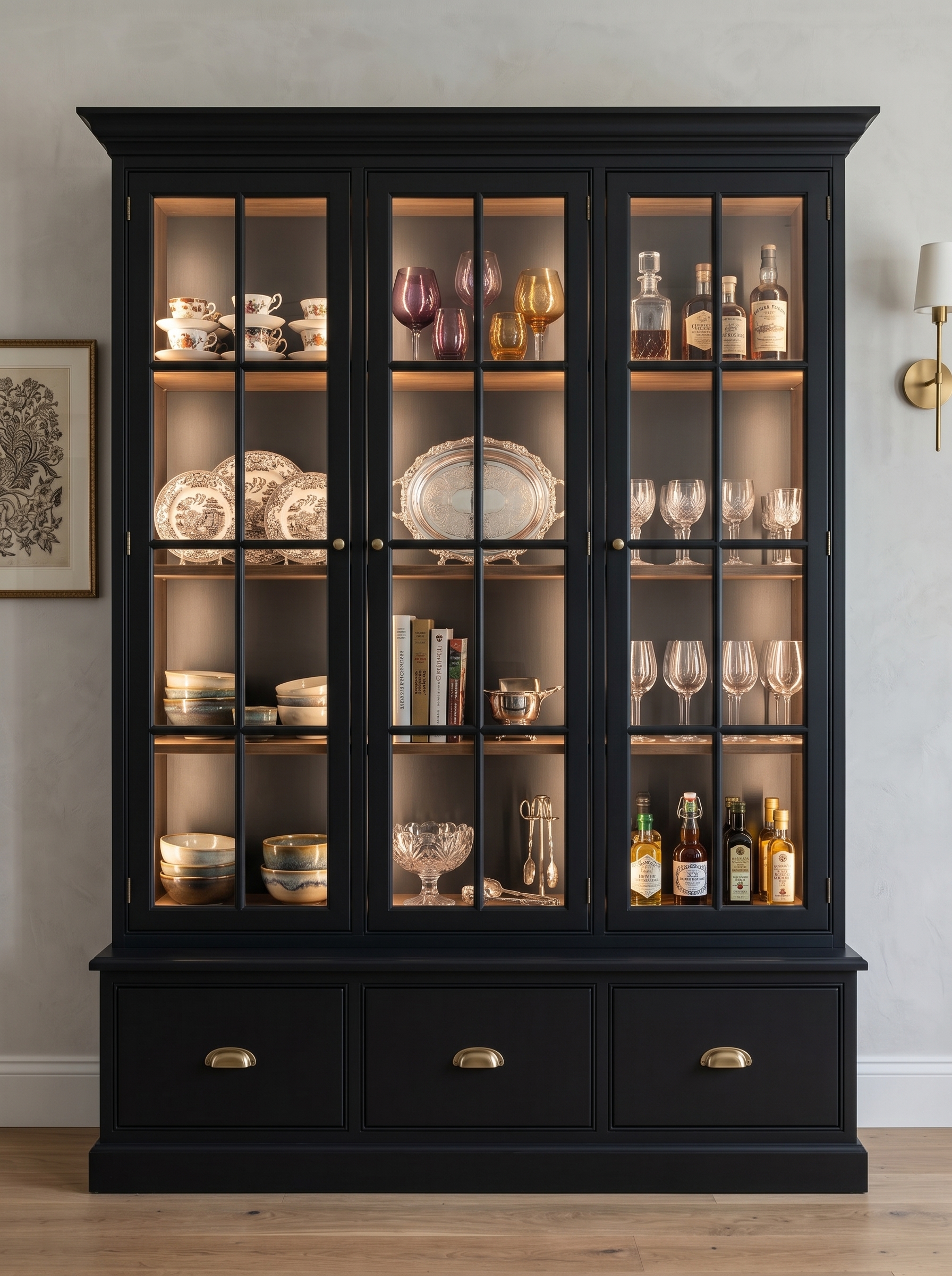Dark modern crockery unit with open shelving, glass display storage, warm built-in lighting, charcoal cabinets, and metallic accents