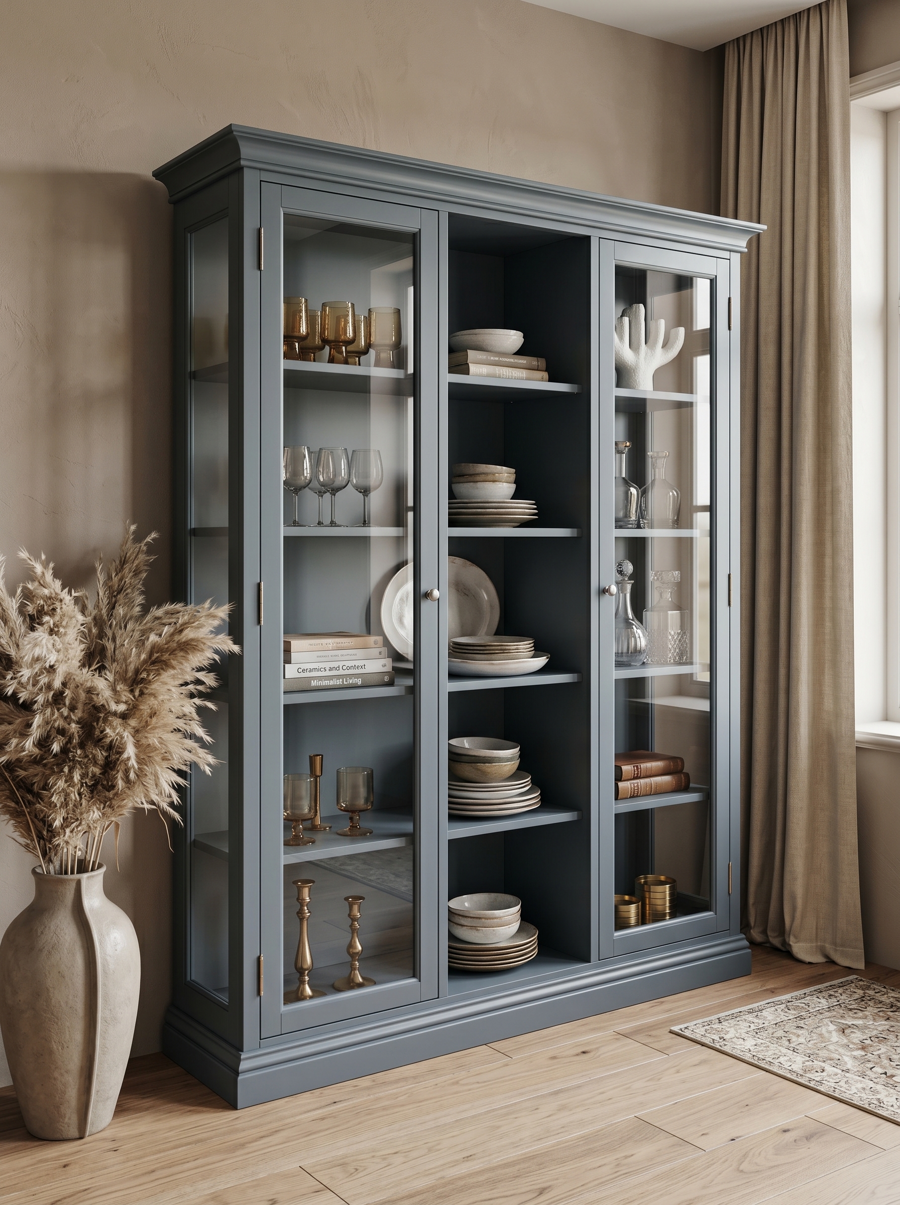 Black crockery cabinet with brass accents, glass-front doors, warm interior lighting, lower drawers, and fine china display