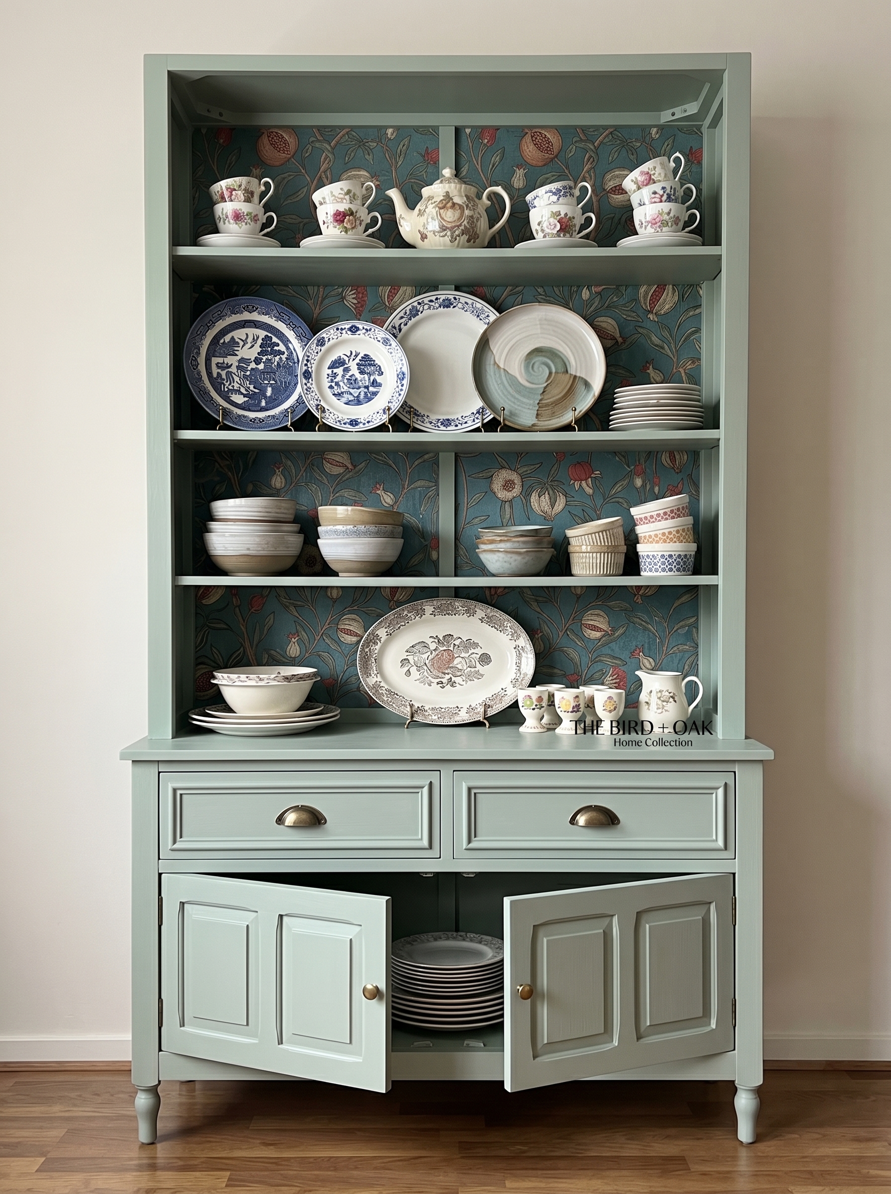 Blue grey crockery unit with classic detailing, glass-front display doors, open shelves, crown molding, and elegant dining storage