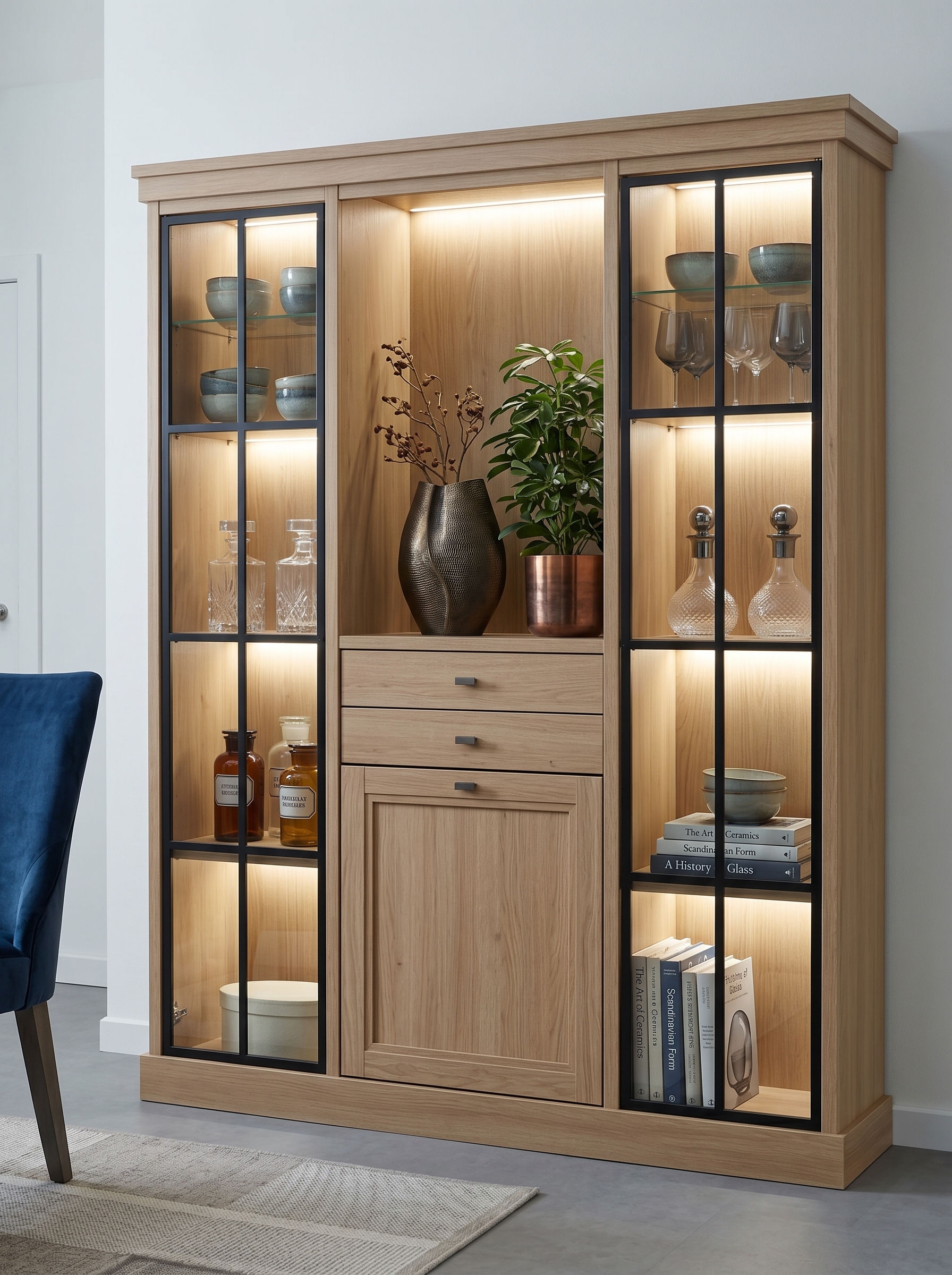 Cream crockery cabinet with coffee station, glass-front upper cabinets, wooden shelves, brass handles, marble countertop, and lower storage