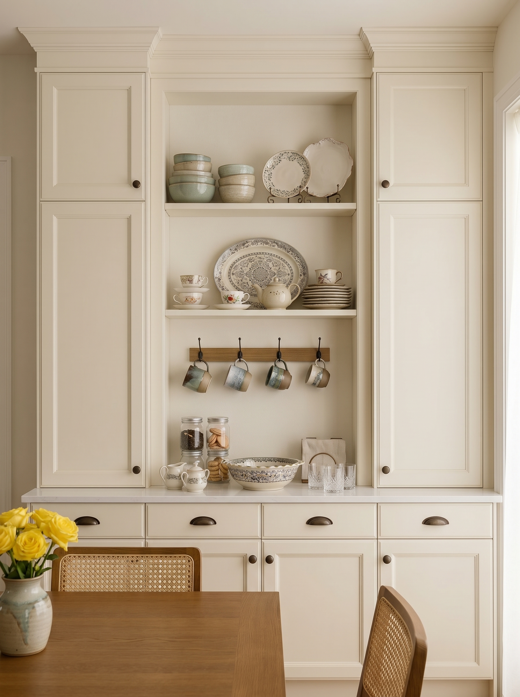 Natural wood crockery unit with black glass frames, illuminated shelves, center display section, drawers, and modern storage cabinet