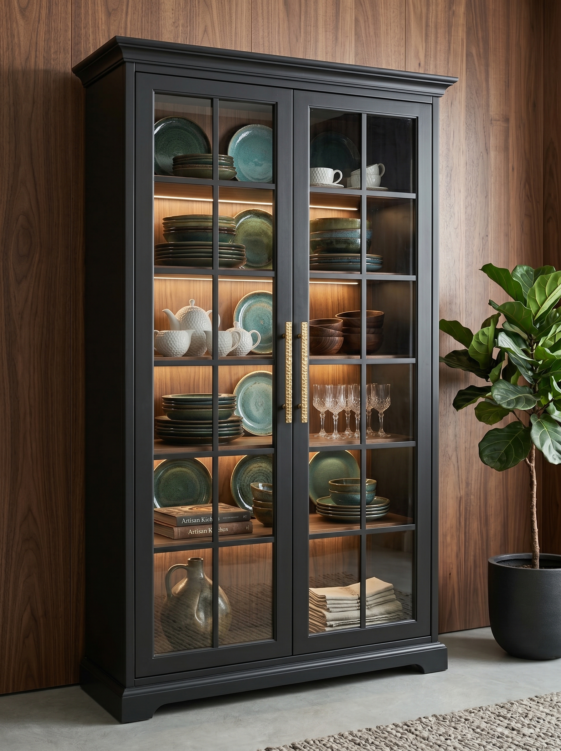 Soft cream crockery unit with open center shelving, classic panel doors, hanging mug rail, countertop area, and dining storage