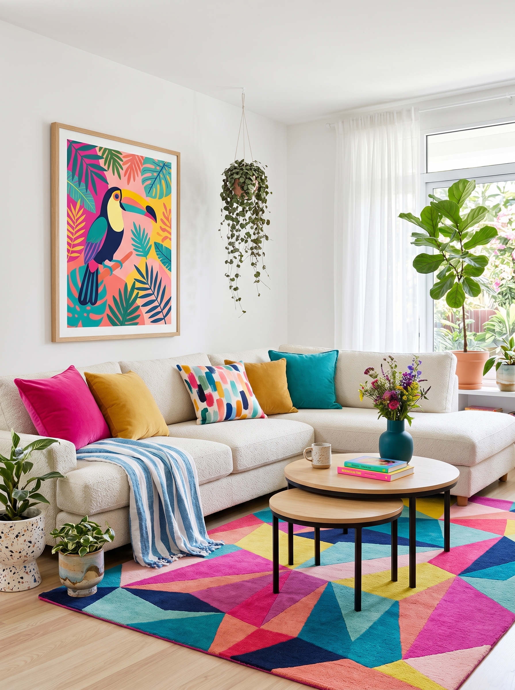 Vibrant living room with colorful sofa styling, bold pillows, wall art, patterned rug, indoor plants, and cheerful decor