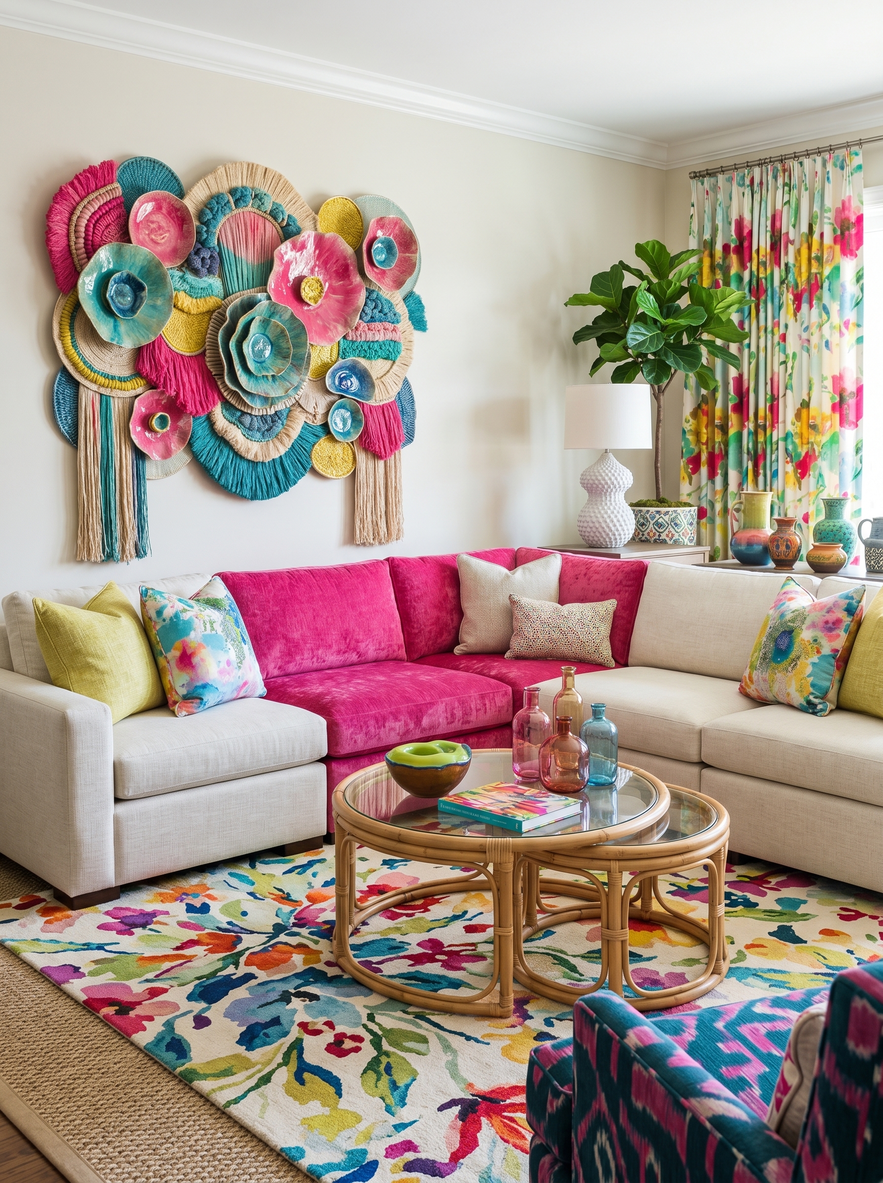 Vibrant living room with cream sectional sofa, colorful cushions, tropical wall art, geometric rug, plants, and natural wood tables