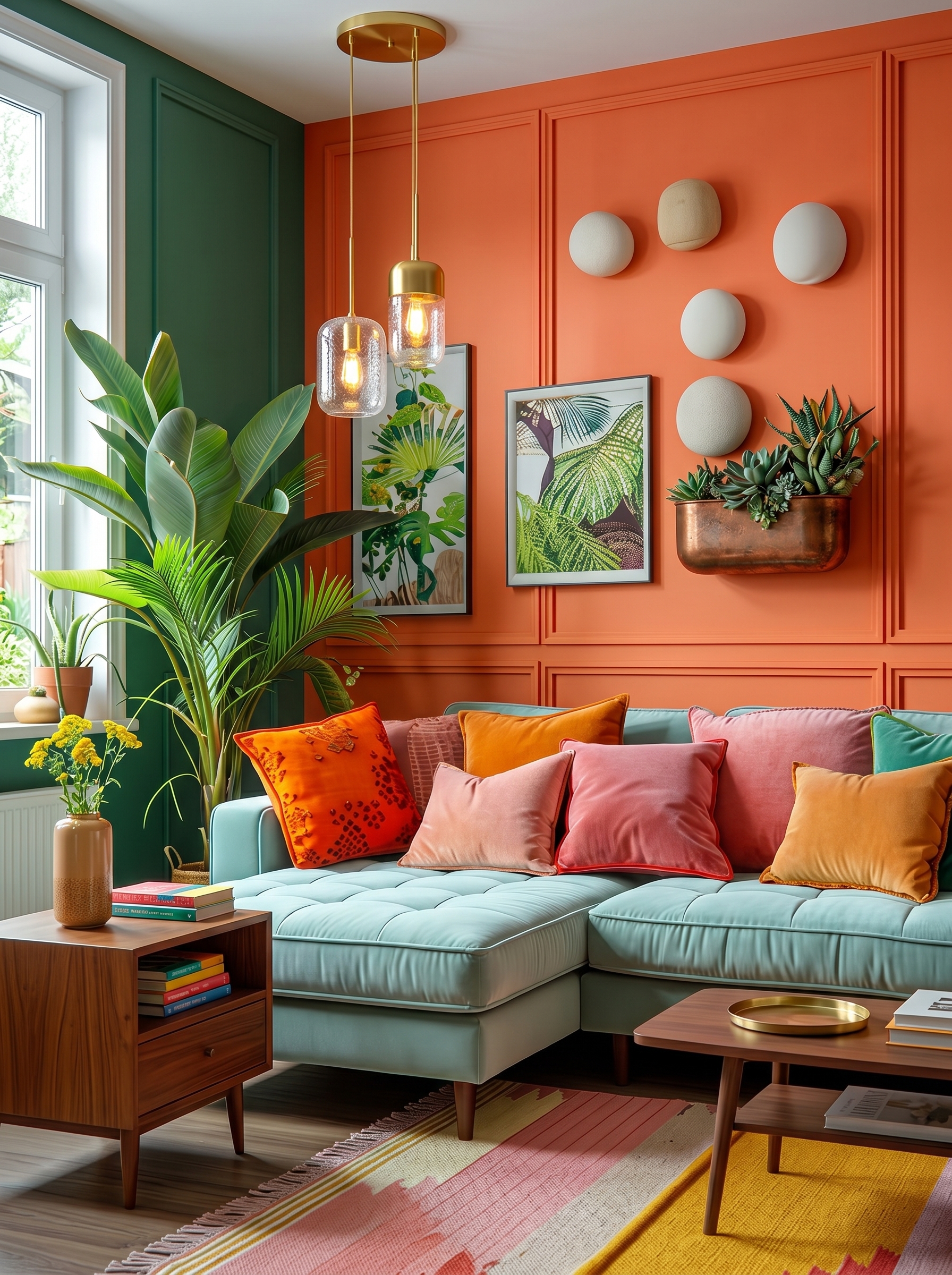 Pink sectional vibrant living room with floral curtains, colorful pillows, patterned rug, rattan coffee table, and handmade wall art