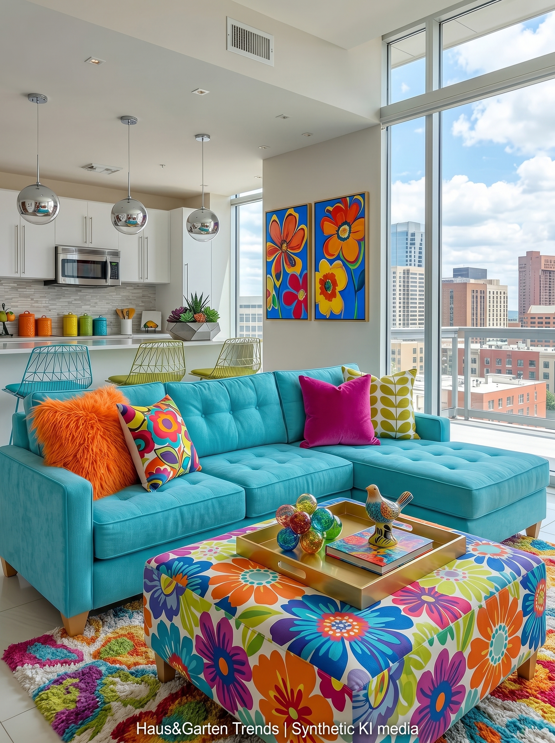 Teal sectional vibrant living room with terracotta wall, green accent wall, brass pendant lights, tropical artwork, plants, and patterned rug