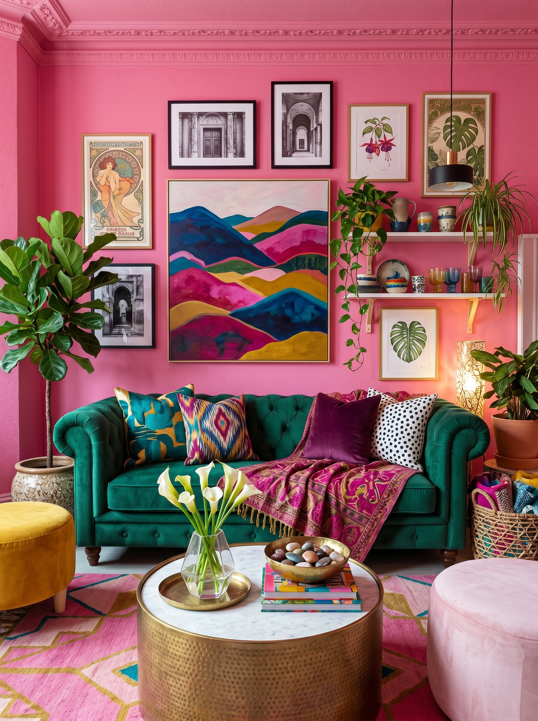 Turquoise sectional vibrant living room with floral ottoman, bold pillows, colorful wall art, patterned rug, and bright apartment decor