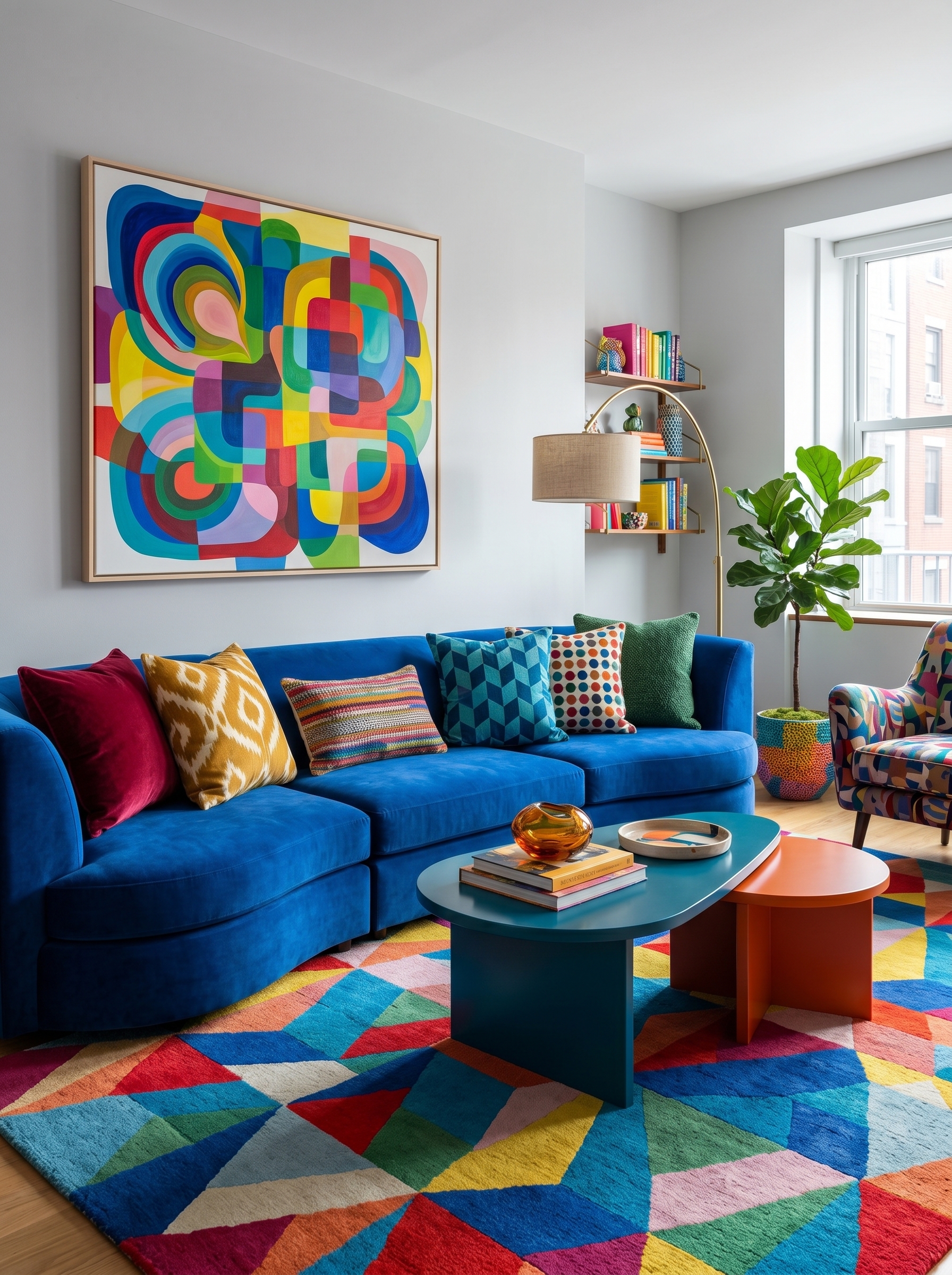 Emerald green sofa vibrant living room with pink walls, gallery art, indoor plants, brass coffee table, and colorful boho decor