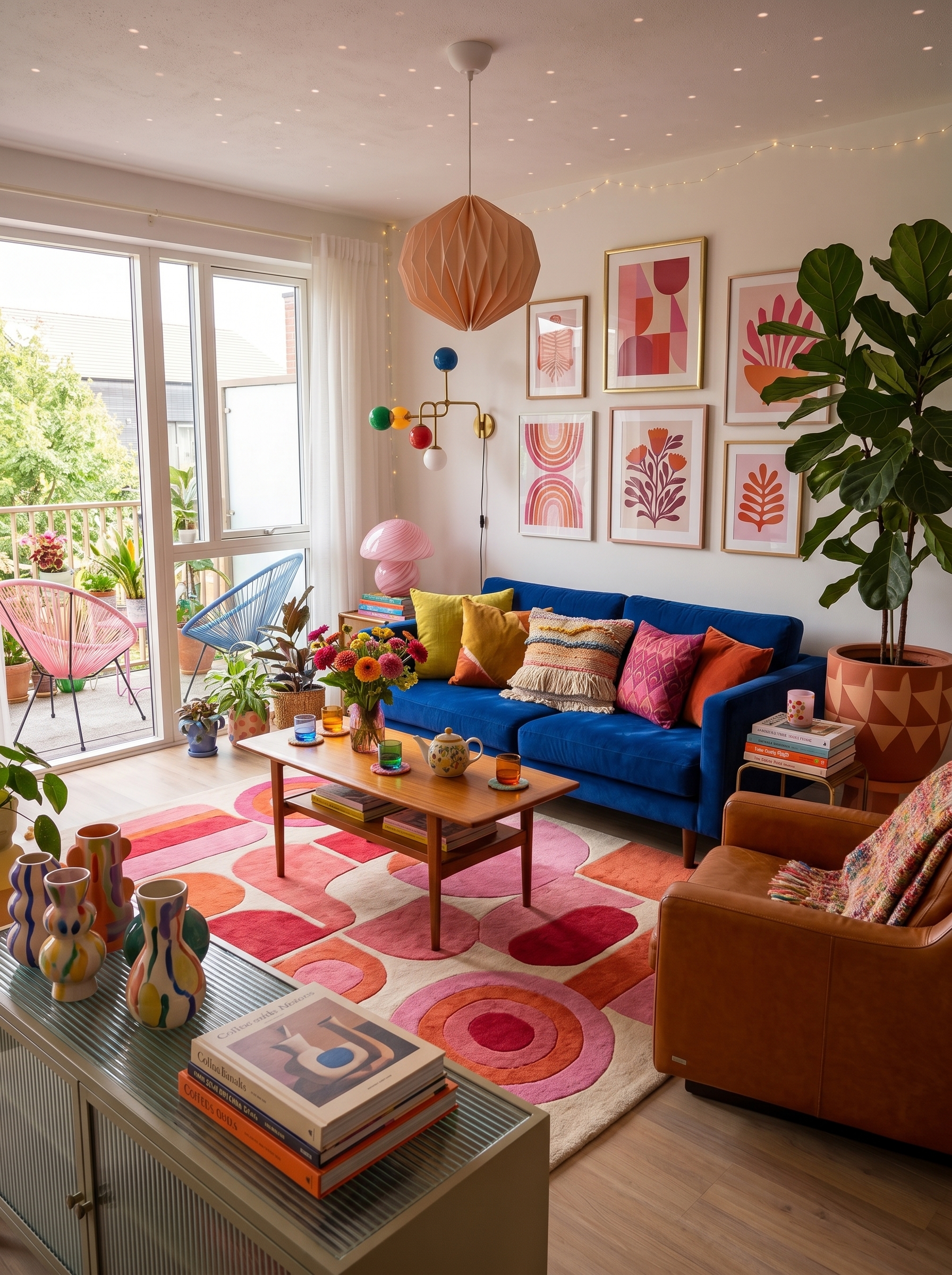 Blue velvet sofa vibrant living room with colorful geometric rug, abstract wall art, patterned pillows, plants, and modern furniture