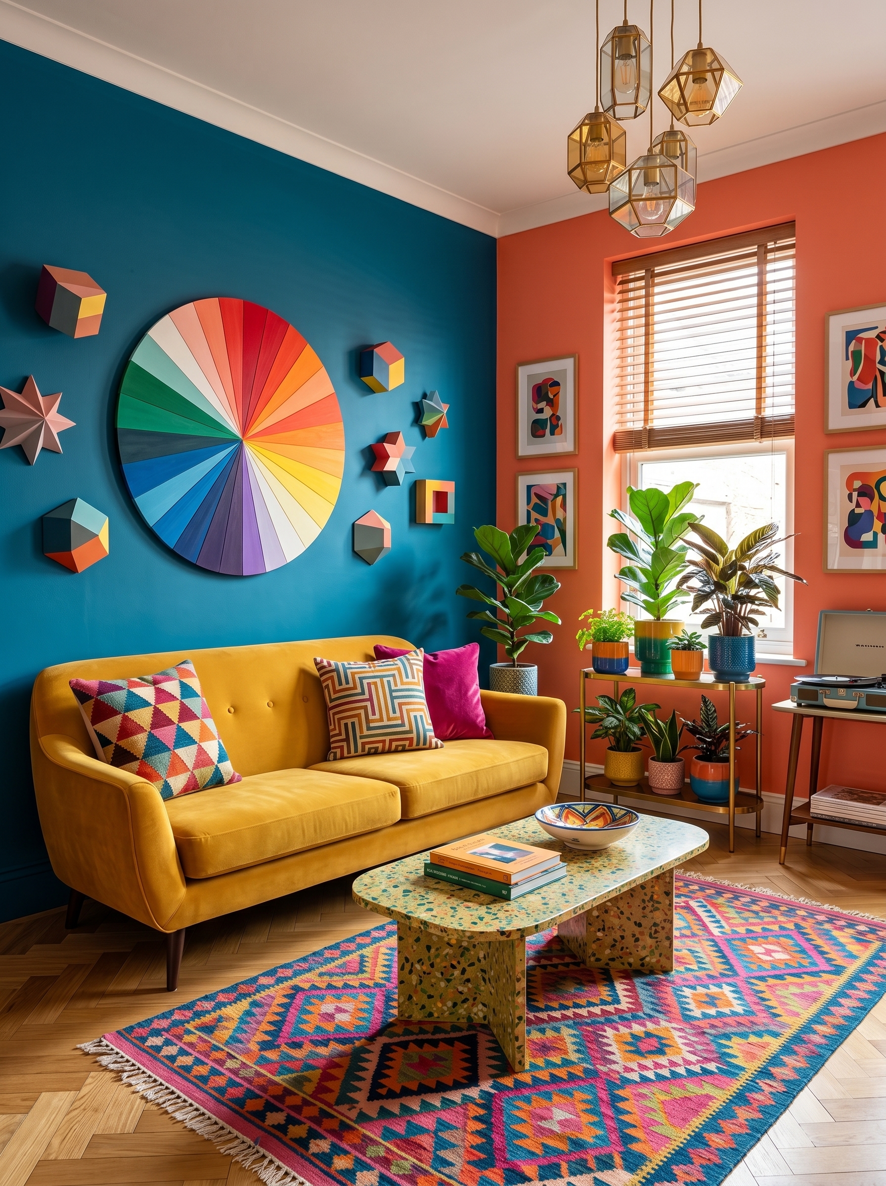 Retro vibrant living room with deep blue sofa, brown leather chair, colorful rug, gallery wall art, plants, and wooden coffee table