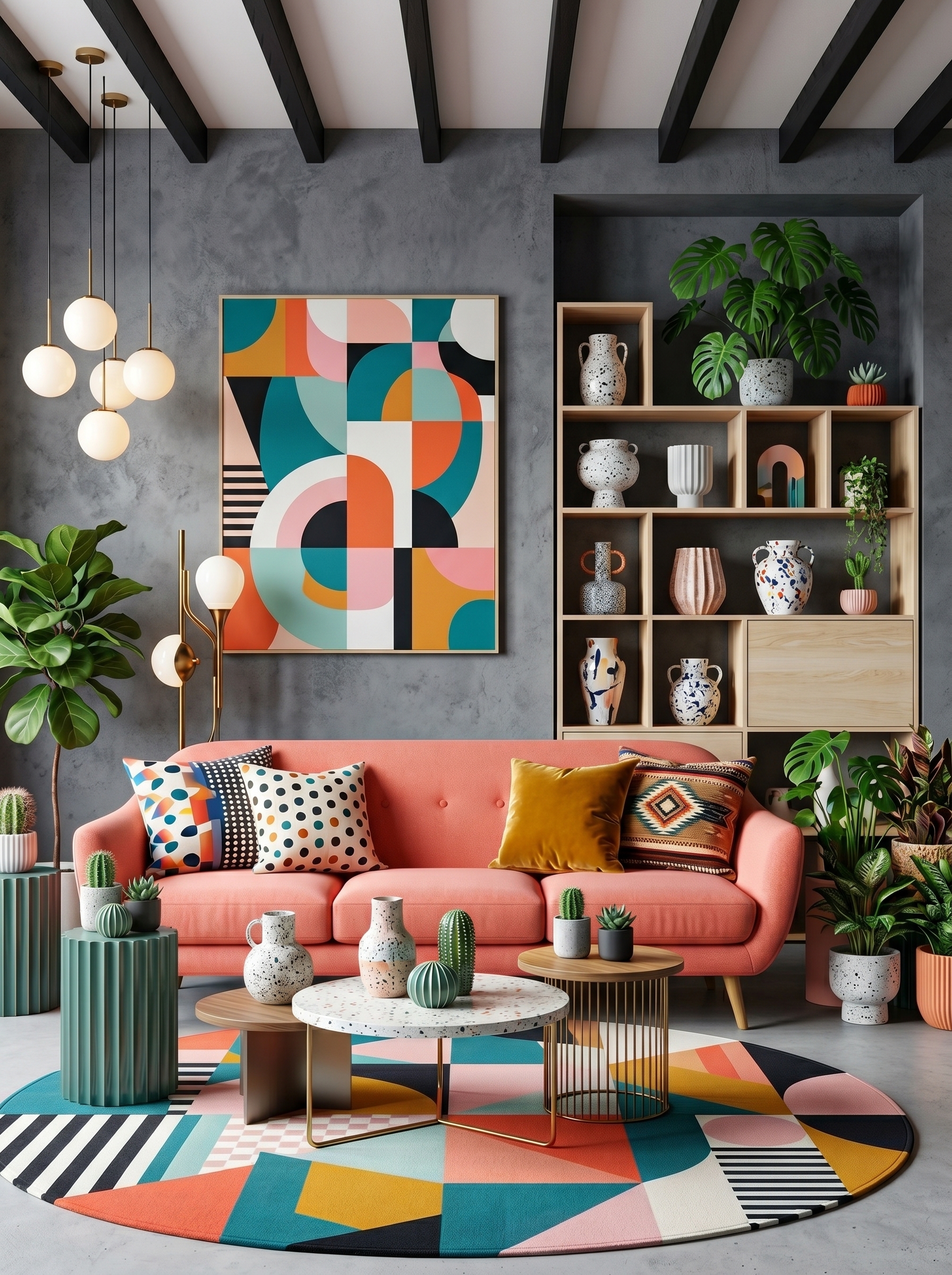 Mustard sofa vibrant living room with rainbow wall art, teal accent wall, coral wall color, geometric rug, and indoor plants
