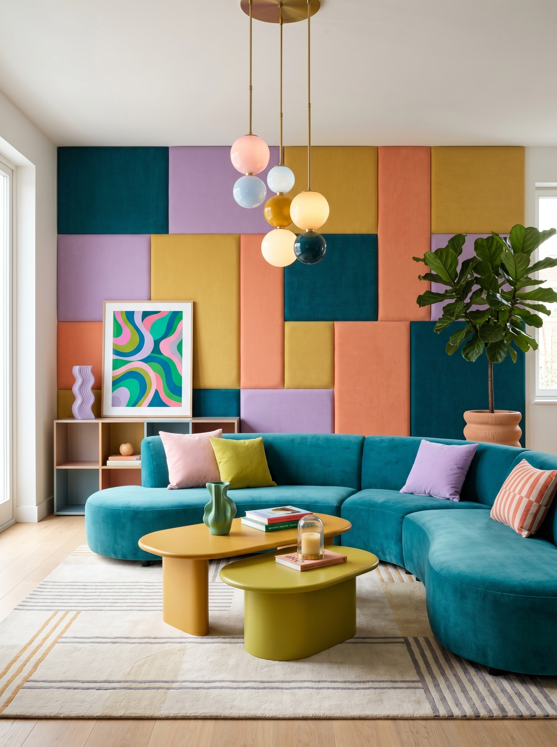 Coral sofa vibrant living room with abstract wall art, geometric rug, round coffee tables, open shelves, pendant lights, and plants