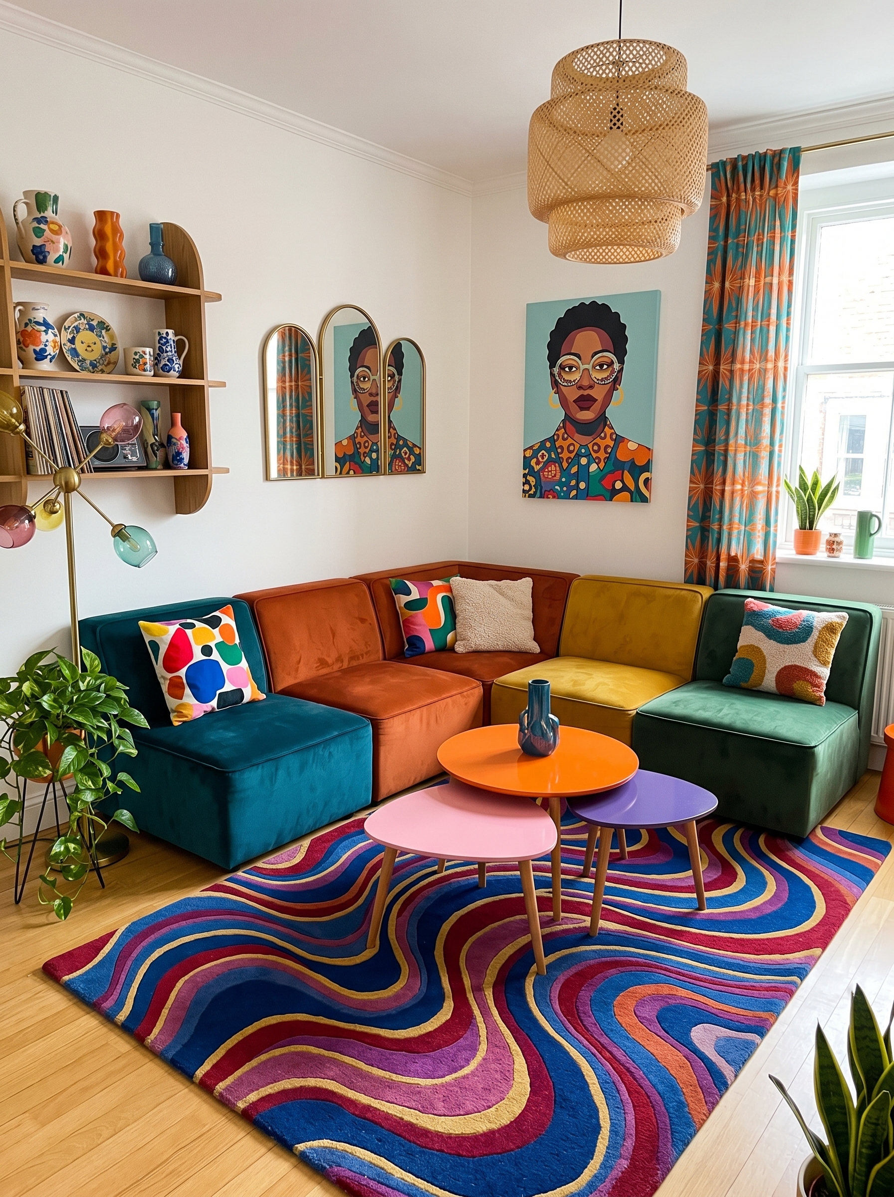 Curved teal sectional vibrant living room with colorful padded accent wall, pastel pillows, sculptural coffee tables, globe lights, and indoor tree