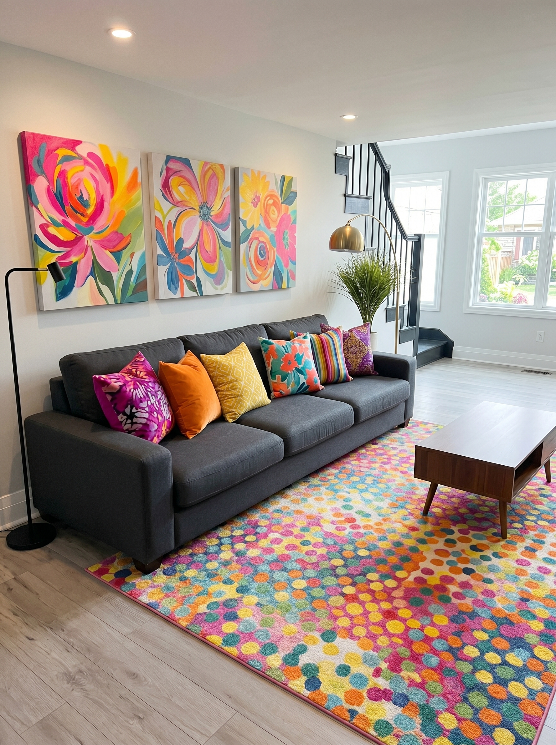Colorful modular sofa vibrant living room with wavy rug, nesting coffee tables, wall shelves, portrait art, patterned curtains, and plants