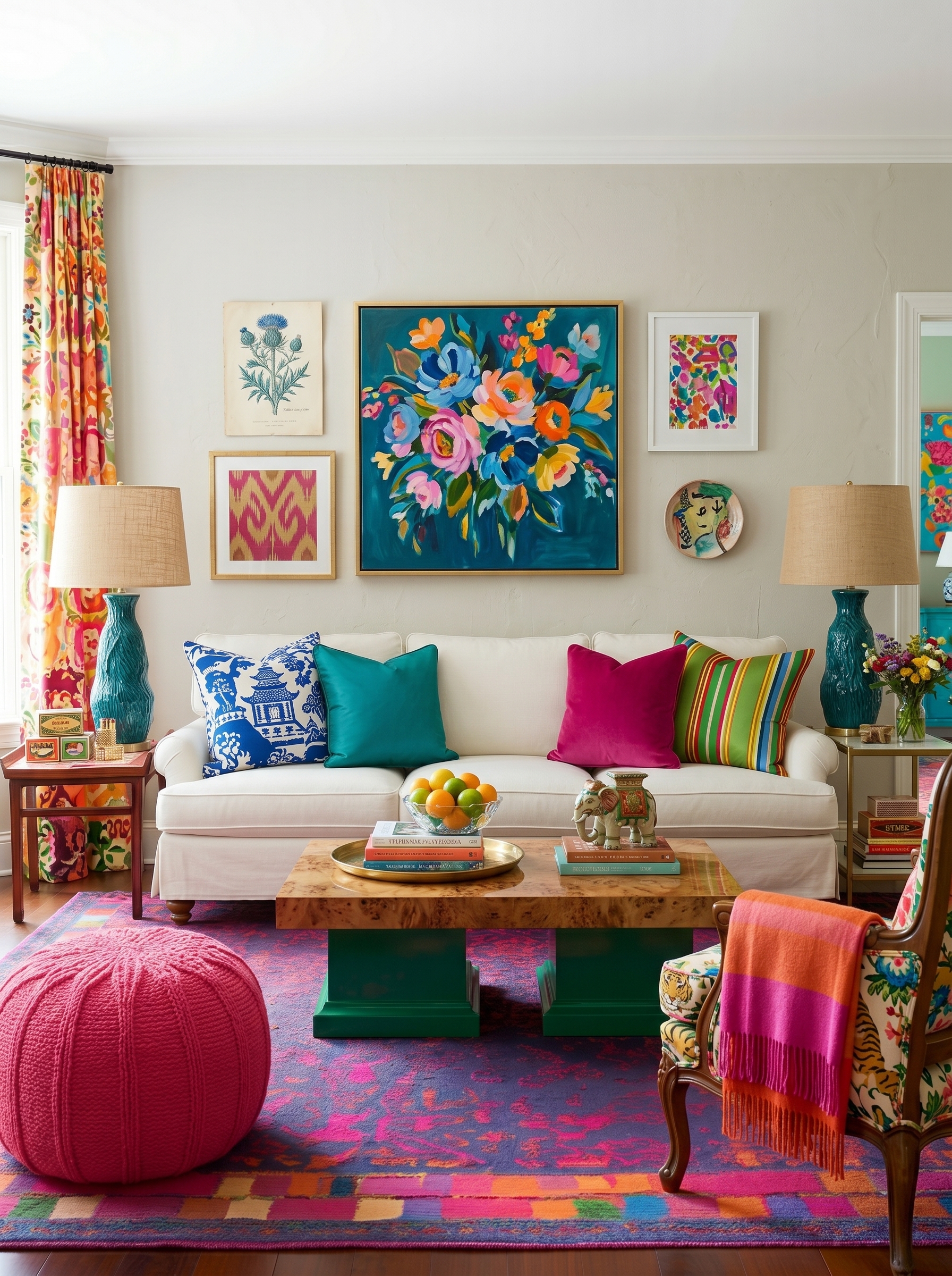 Charcoal sofa vibrant living room with colorful floral wall art, bright pillows, dotted rug, wood coffee table, and floor lamp