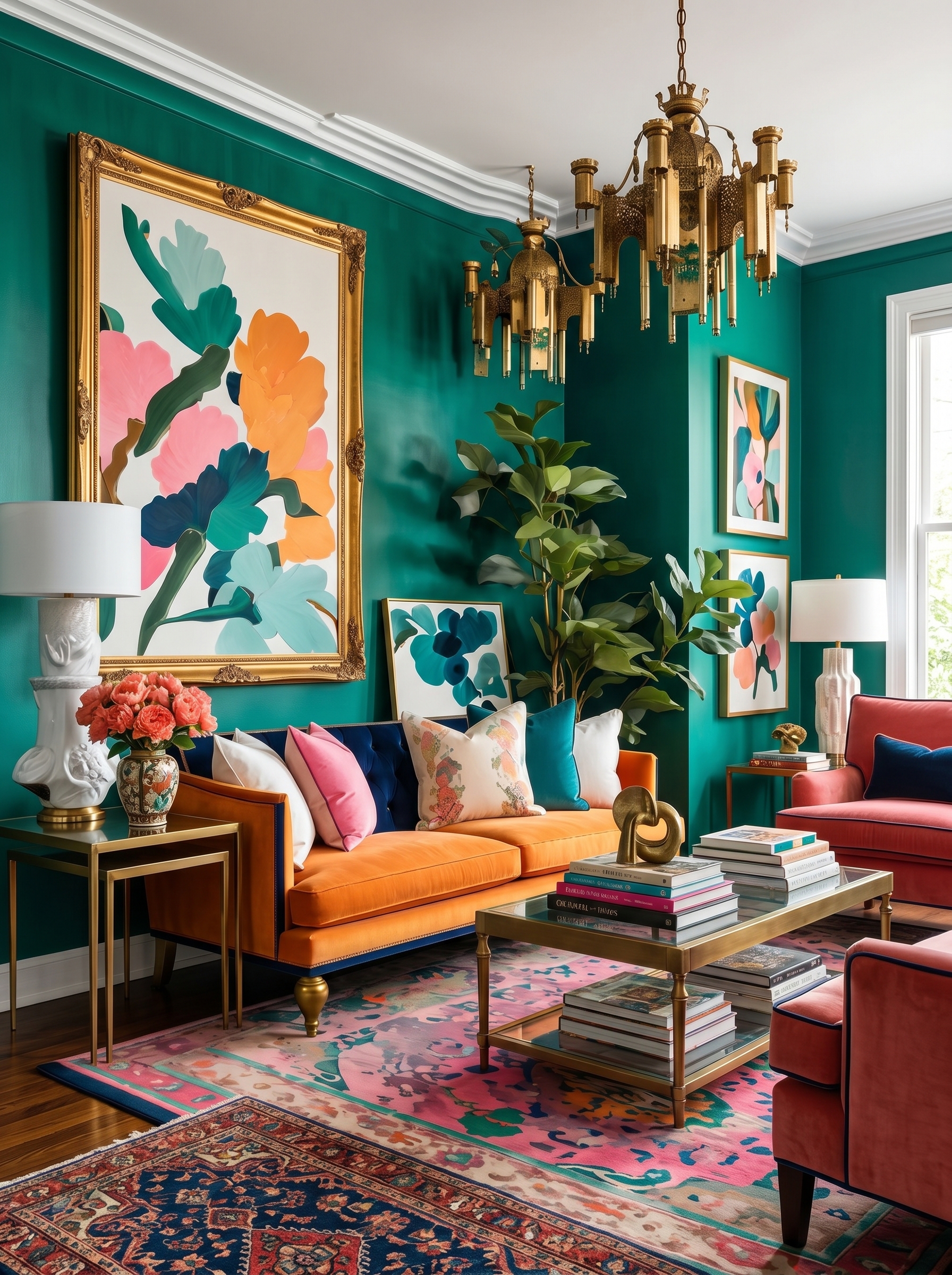 Cream sofa vibrant living room with floral artwork, colorful pillows, patterned curtains, turquoise lamps, pink pouf, and bright rug