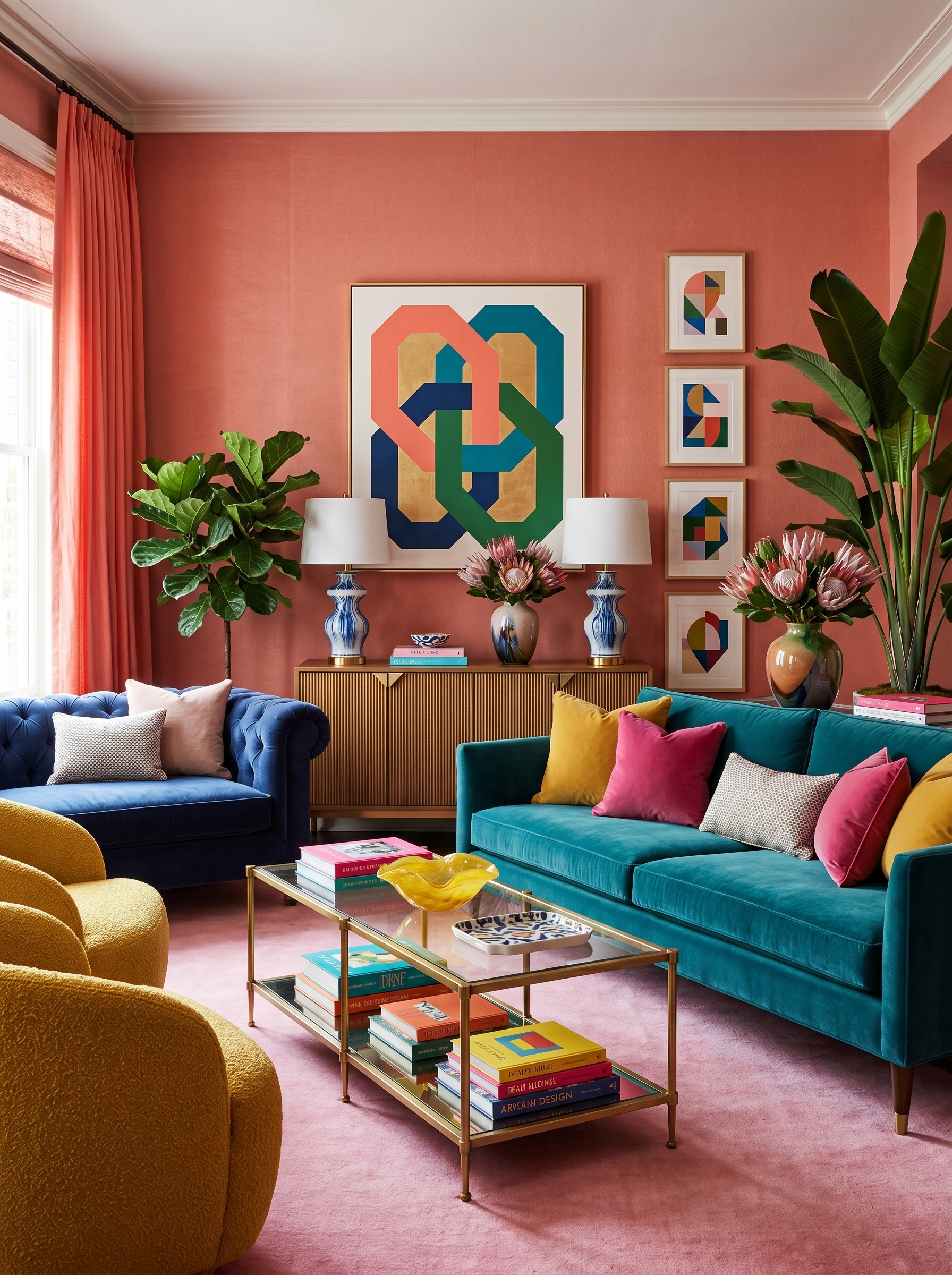 Emerald green wall vibrant living room with orange velvet sofa, gold accents, floral artwork, glass coffee table, plants, and chandelier