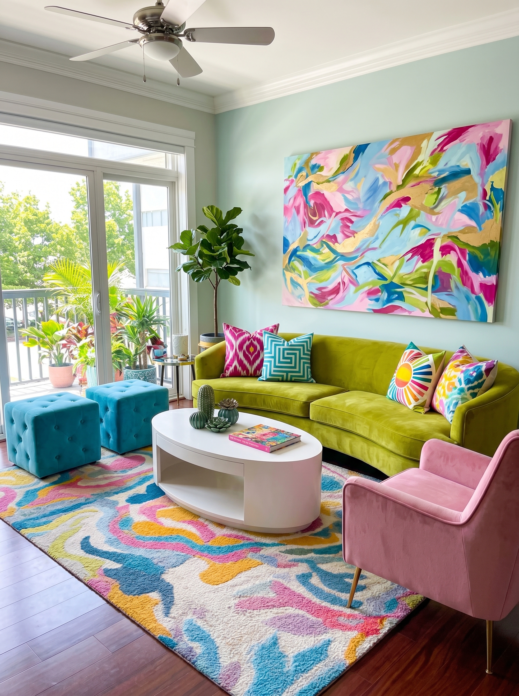 Coral wall vibrant living room with teal sofa, blue chair, mustard seating, gold accents, geometric wall art, and glass coffee table