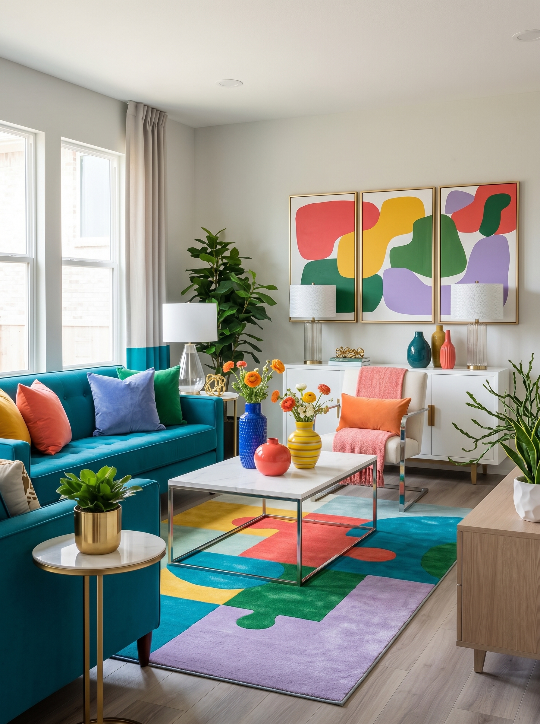 Lime green sofa vibrant living room with pink accent chair, turquoise ottomans, abstract wall art, patterned rug, and indoor plants