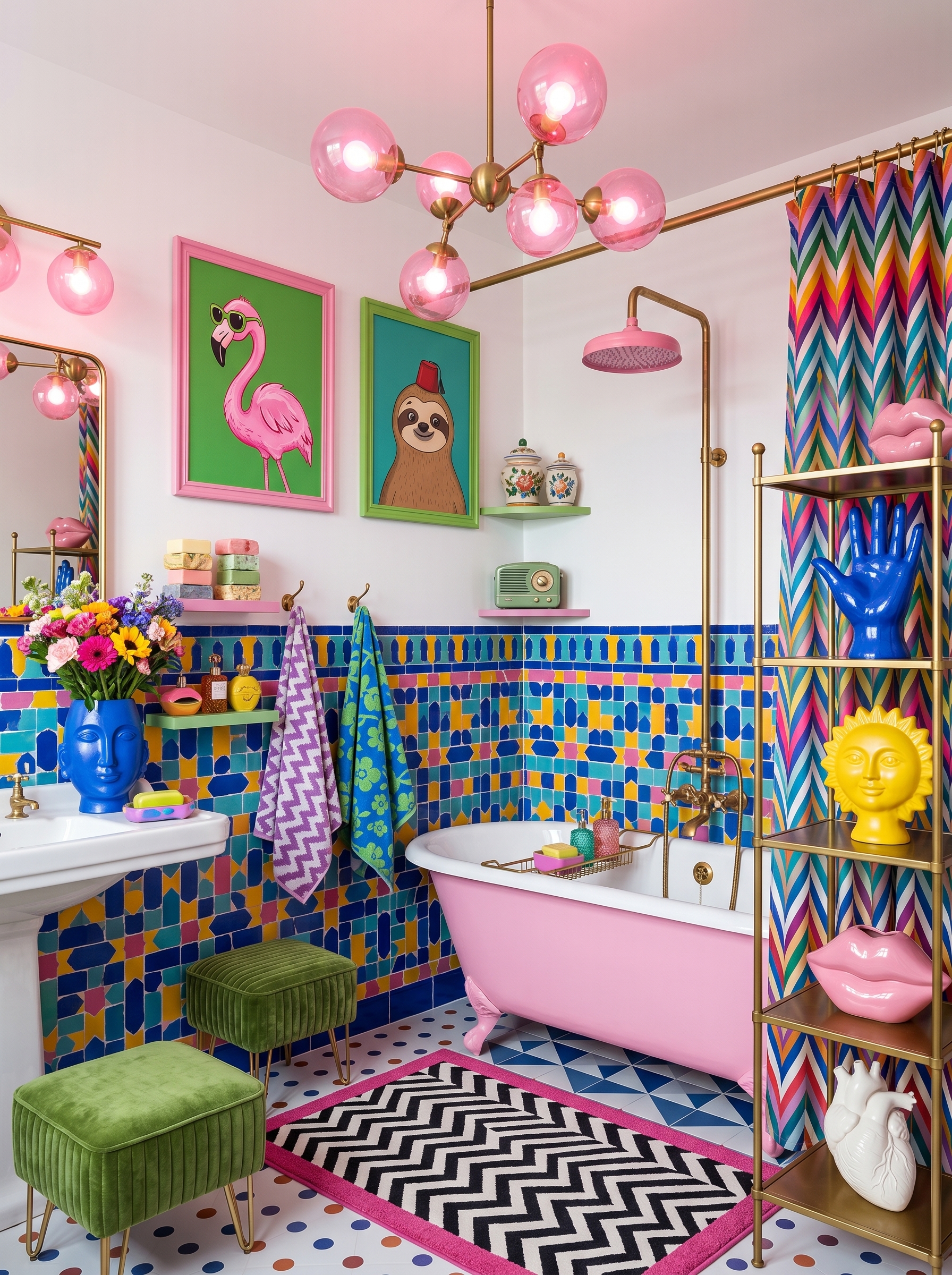 Dopamine bathroom decor with colorful tiles, playful accessories, bright towels, statement mirror, and cheerful bathroom styling