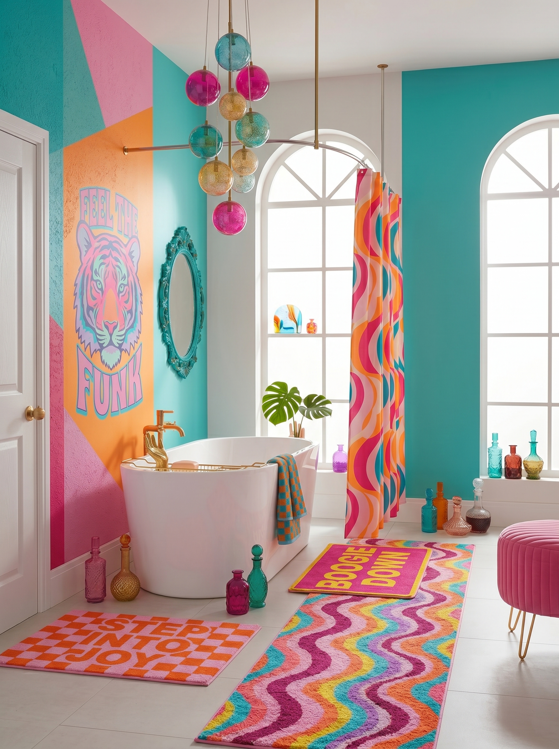 Pink clawfoot tub bathroom with colorful mosaic tiles, bright chevron curtains, gold fixtures, funky wall art, and playful decor