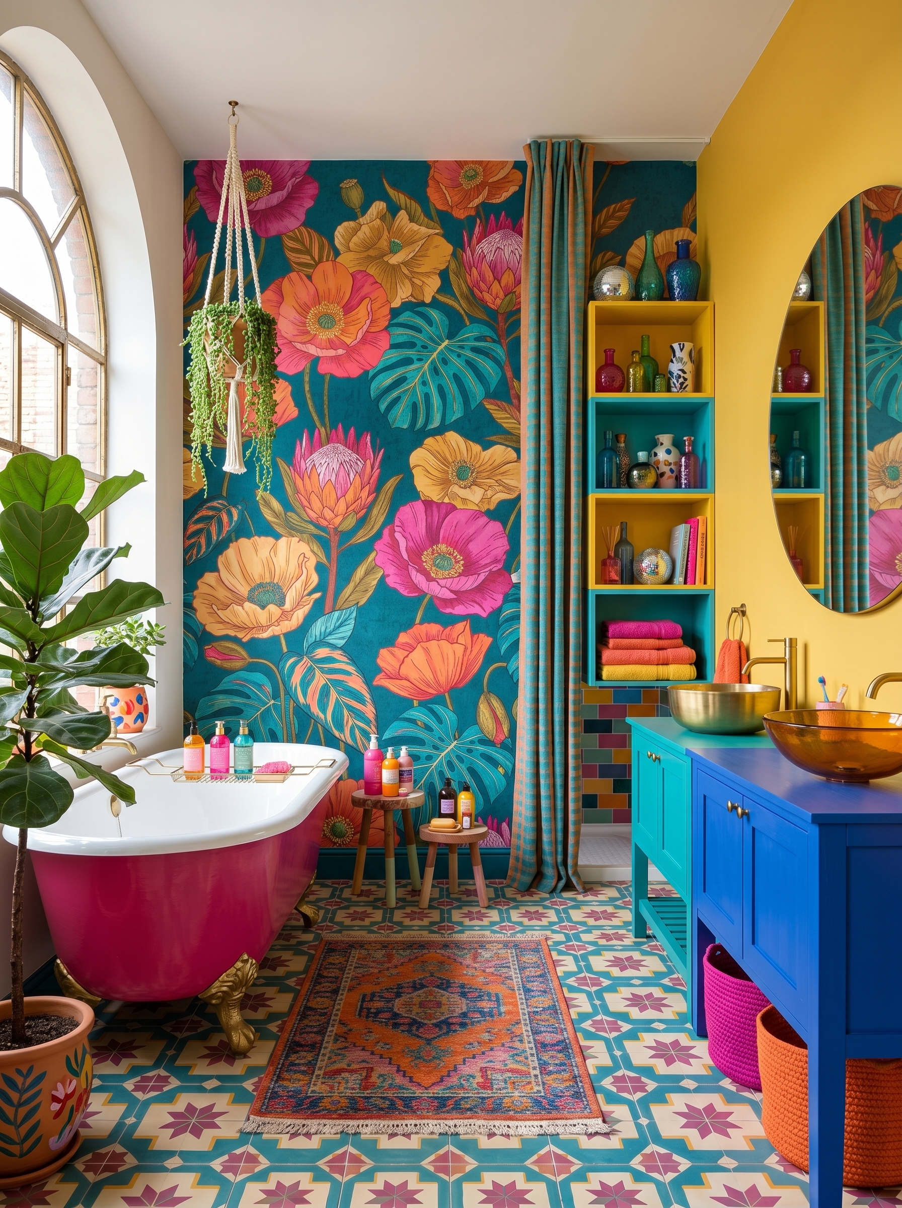 Teal and pink dopamine bathroom with color-block walls, freestanding tub, pendant lights, rainbow rug, and retro wall art