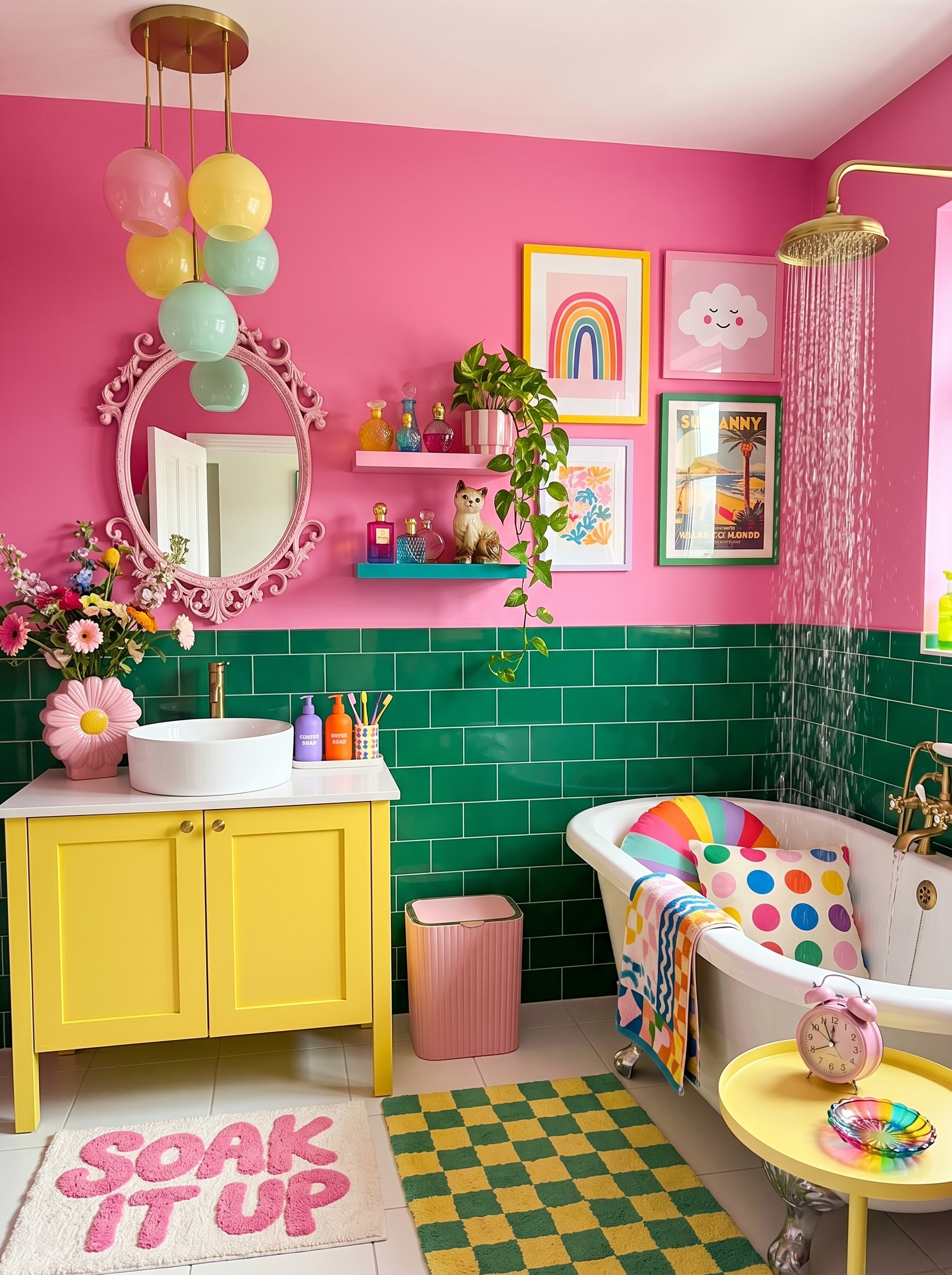 Dopamine bathroom with floral wall mural, yellow accent wall, blue vanity, pink clawfoot tub, patterned tiles, and gold fixtures