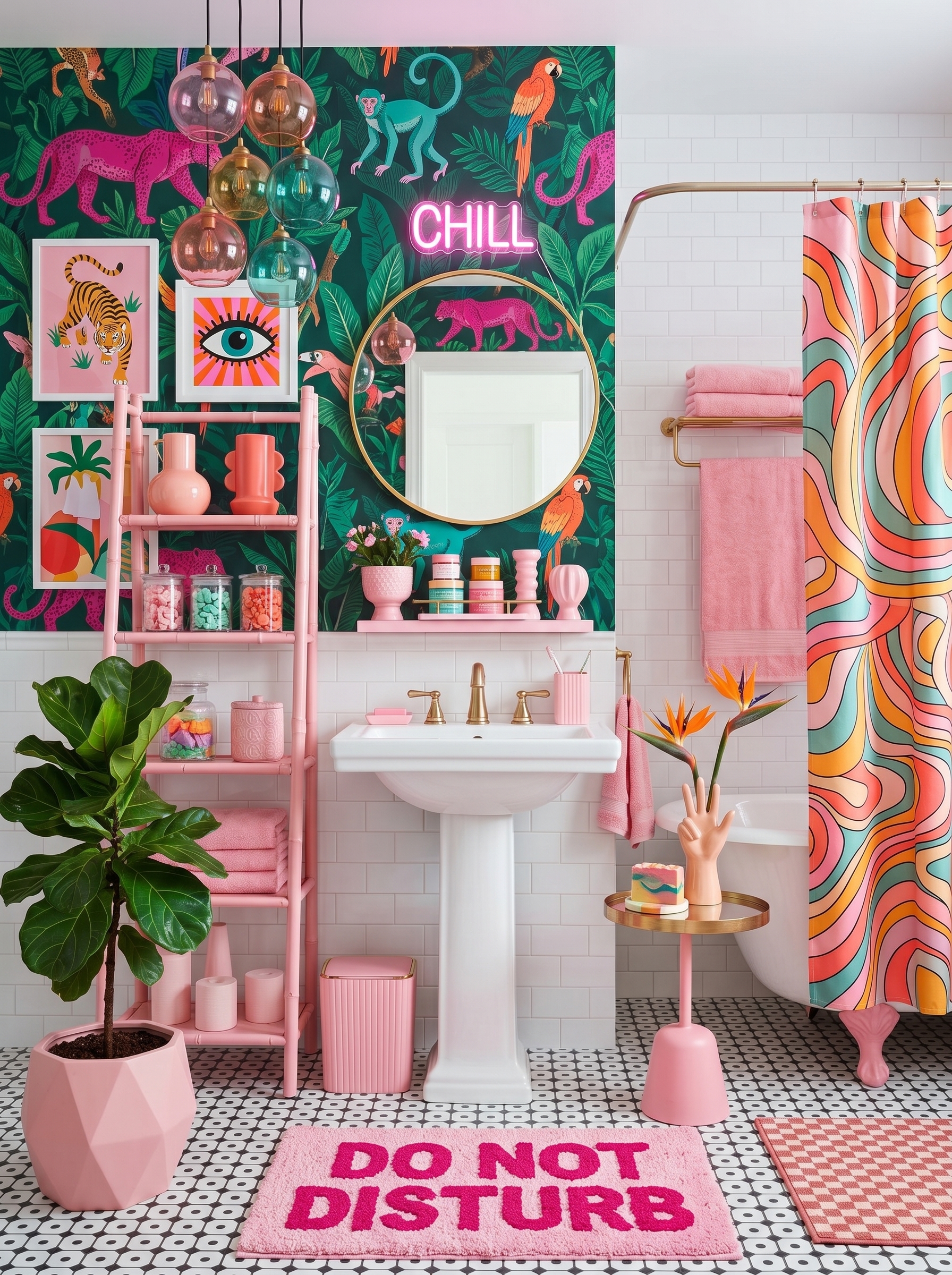 Pink and green dopamine bathroom with yellow vanity, vintage mirror, globe lights, rainbow wall art, colorful shelves, and gold fixtures
