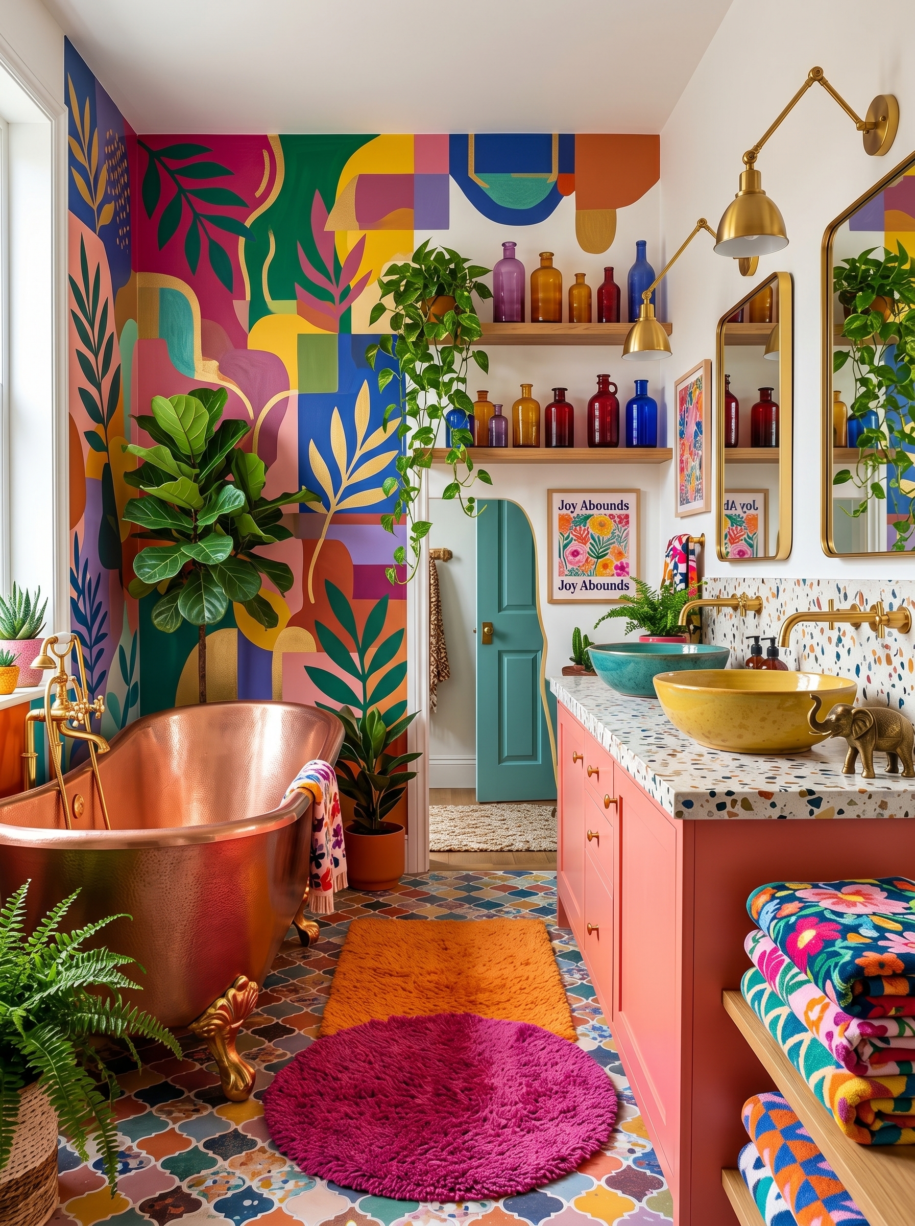 Tropical dopamine bathroom with jungle wallpaper, pink shelves, colorful pendant lights, gold mirror, white subway tiles, and playful bath mat