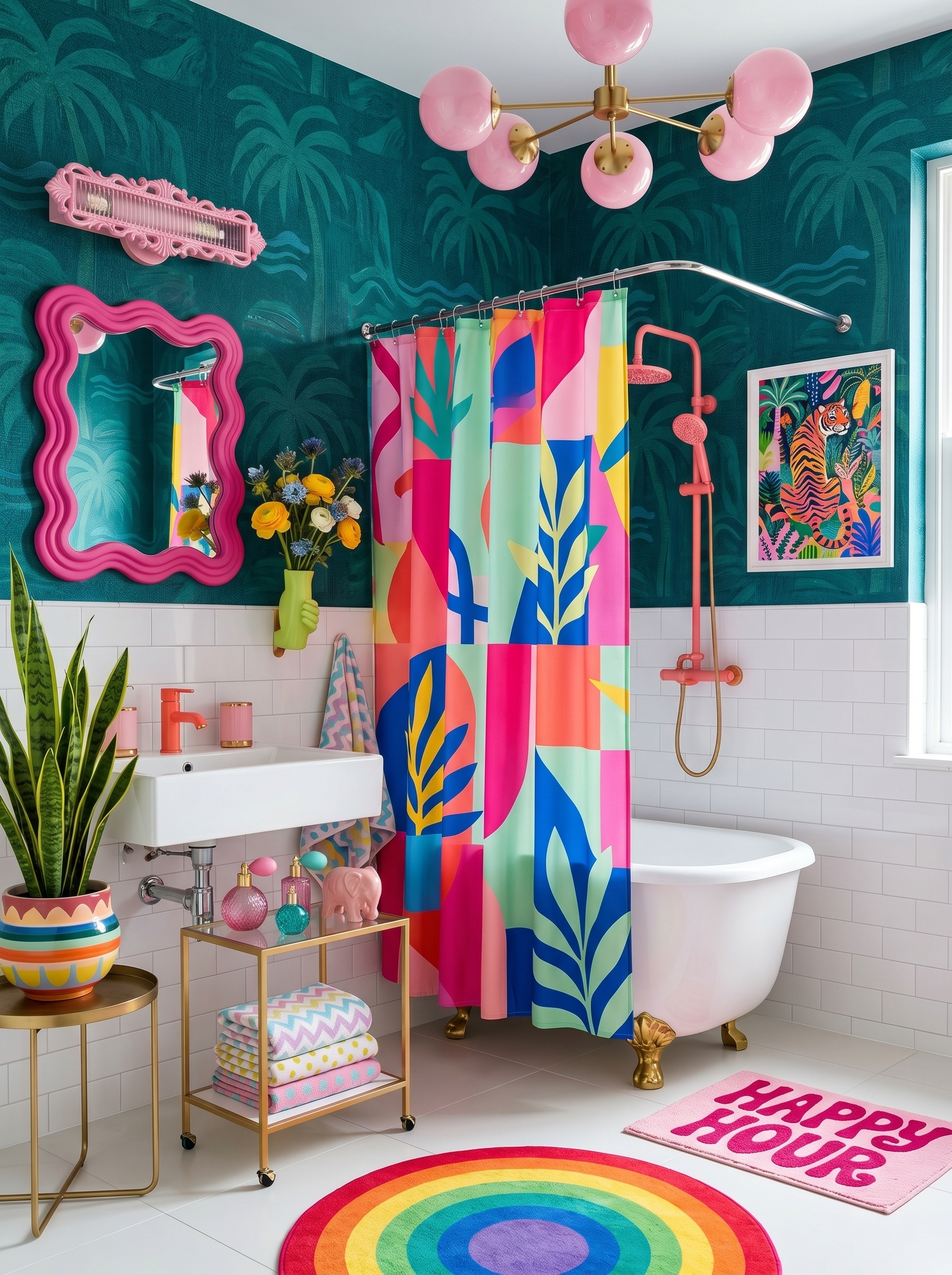 Dopamine bathroom with abstract wall mural, copper clawfoot bathtub, coral vanity, patterned floor tiles, gold fixtures, and plants