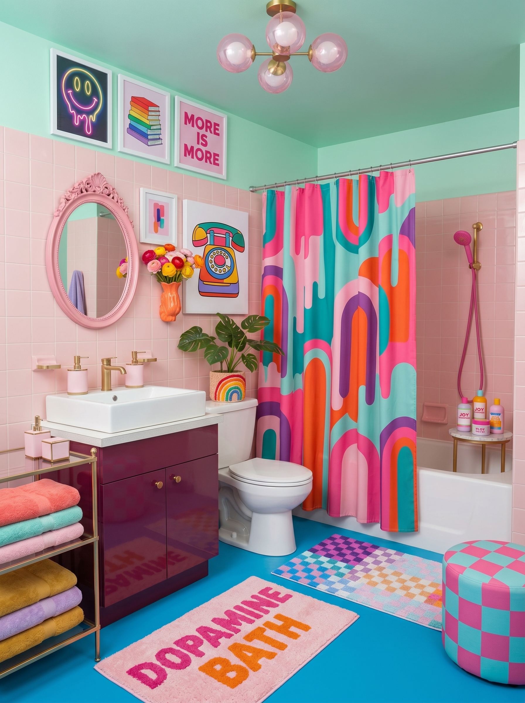 Tropical dopamine bathroom with pink wavy mirror, abstract shower curtain, rainbow rug, teal wallpaper, white subway tiles, and coral fixtures