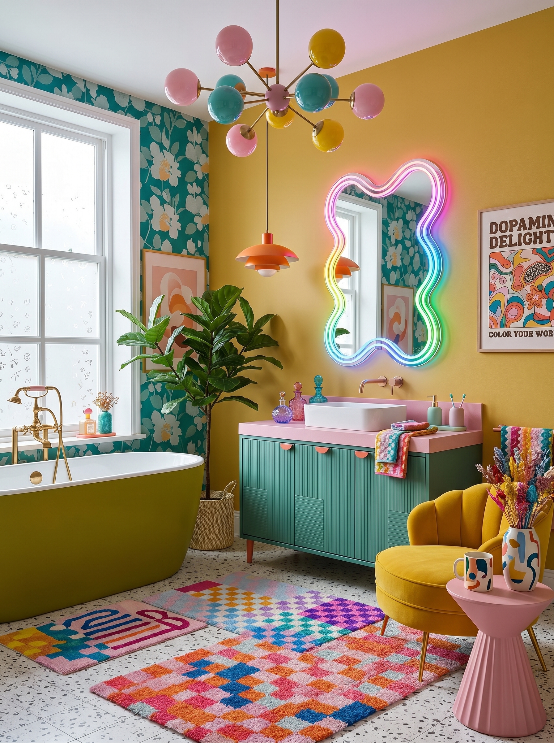 Retro dopamine bathroom with pink tiles, mint ceiling, blue flooring, burgundy vanity, vintage mirror, and abstract shower curtain