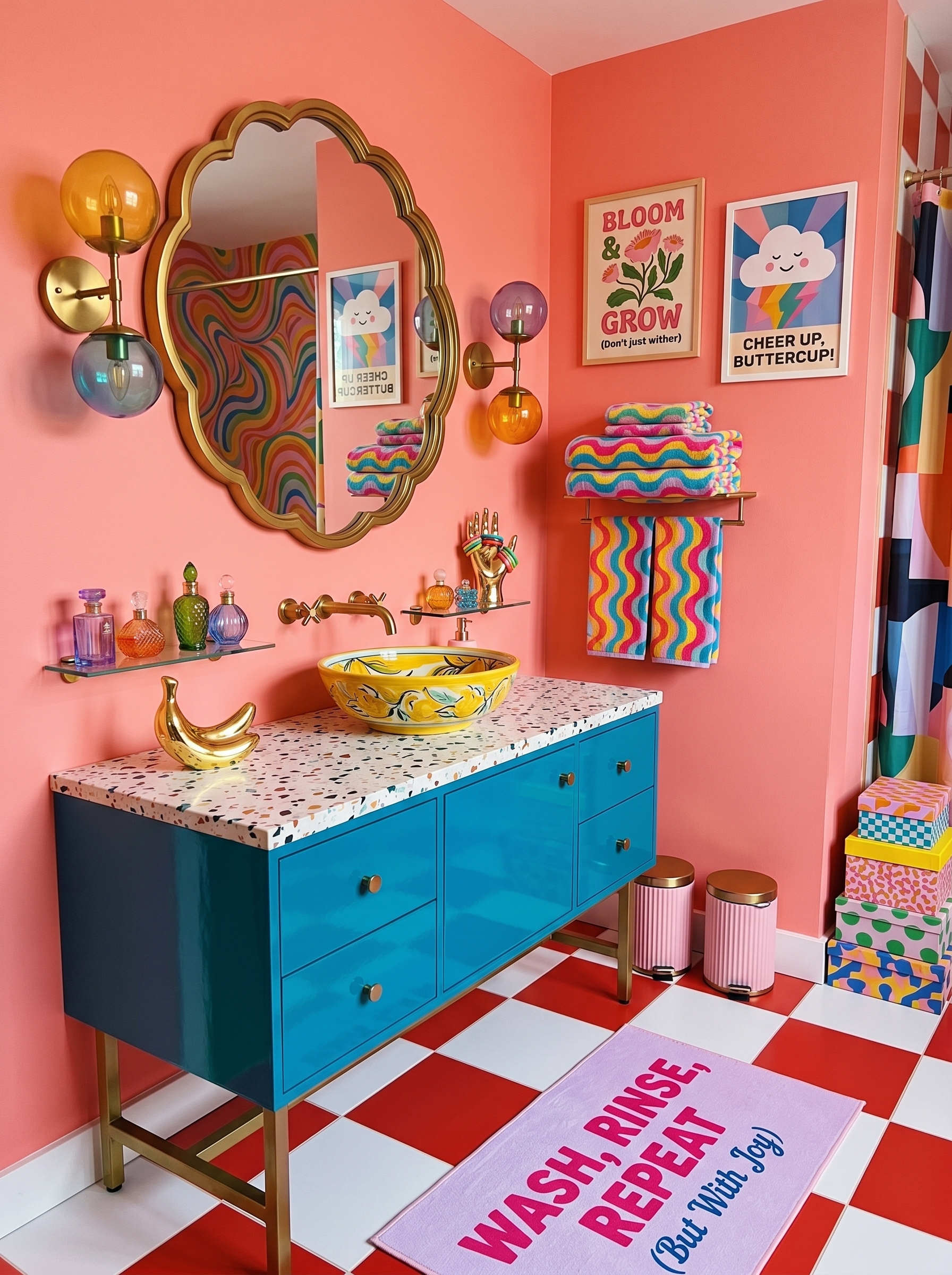 Mustard yellow dopamine bathroom with green freestanding tub, mint vanity, pink countertop, rainbow wavy mirror, and floral wallpaper