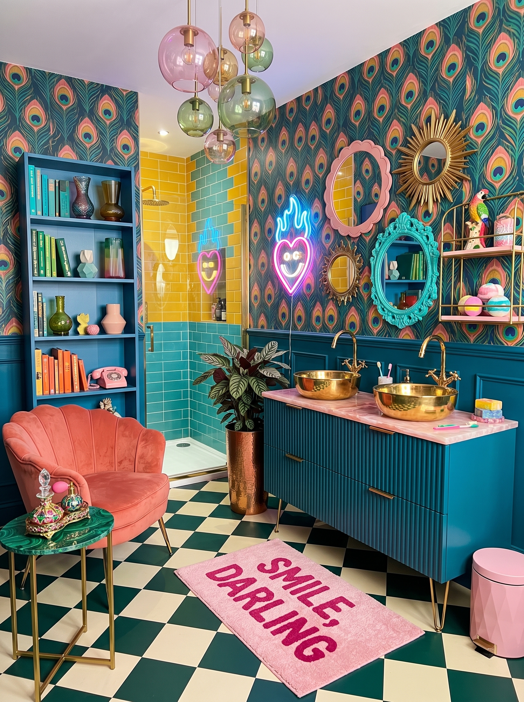 Coral pink dopamine bathroom with turquoise vanity, terrazzo countertop, yellow vessel sink, gold mirror, checkerboard floor, and rainbow towels