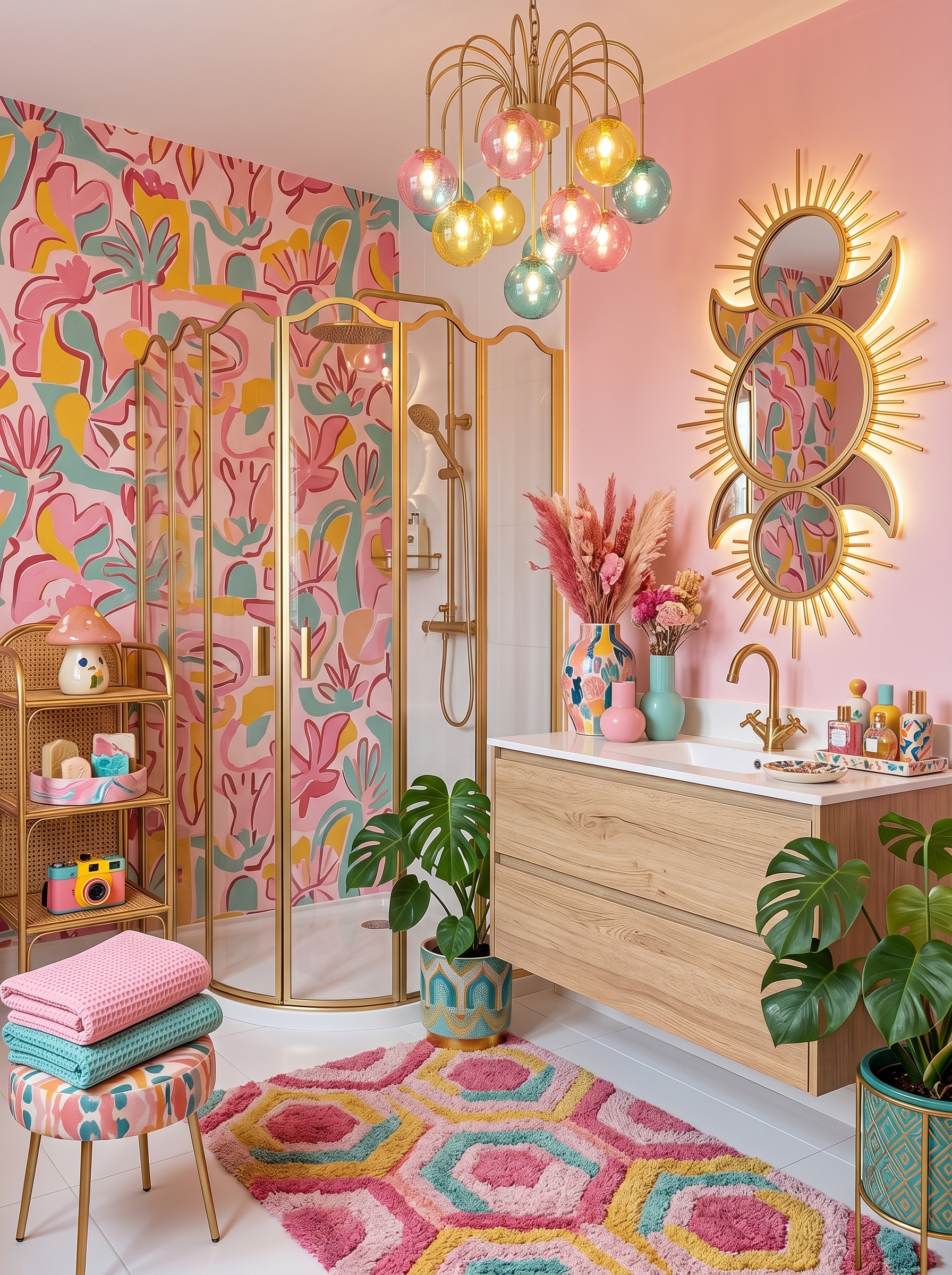 Peacock wallpaper dopamine bathroom with blue vanity, pink marble countertop, gold vessel sinks, colorful lights, and neon wall signs