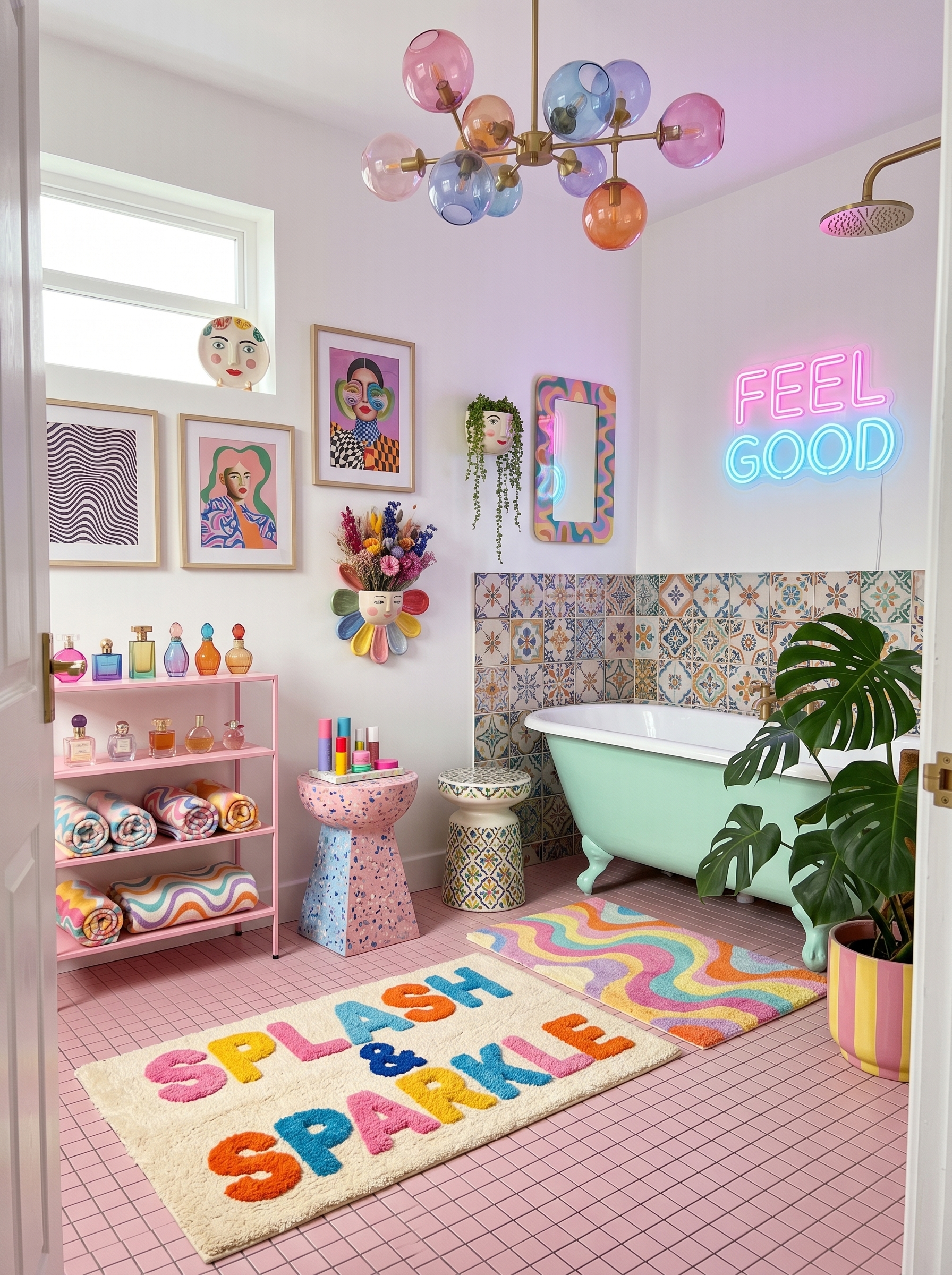 Pink floral dopamine bathroom with gold shower framing, light wood vanity, sunburst mirrors, globe lighting, pastel towels, and rugs