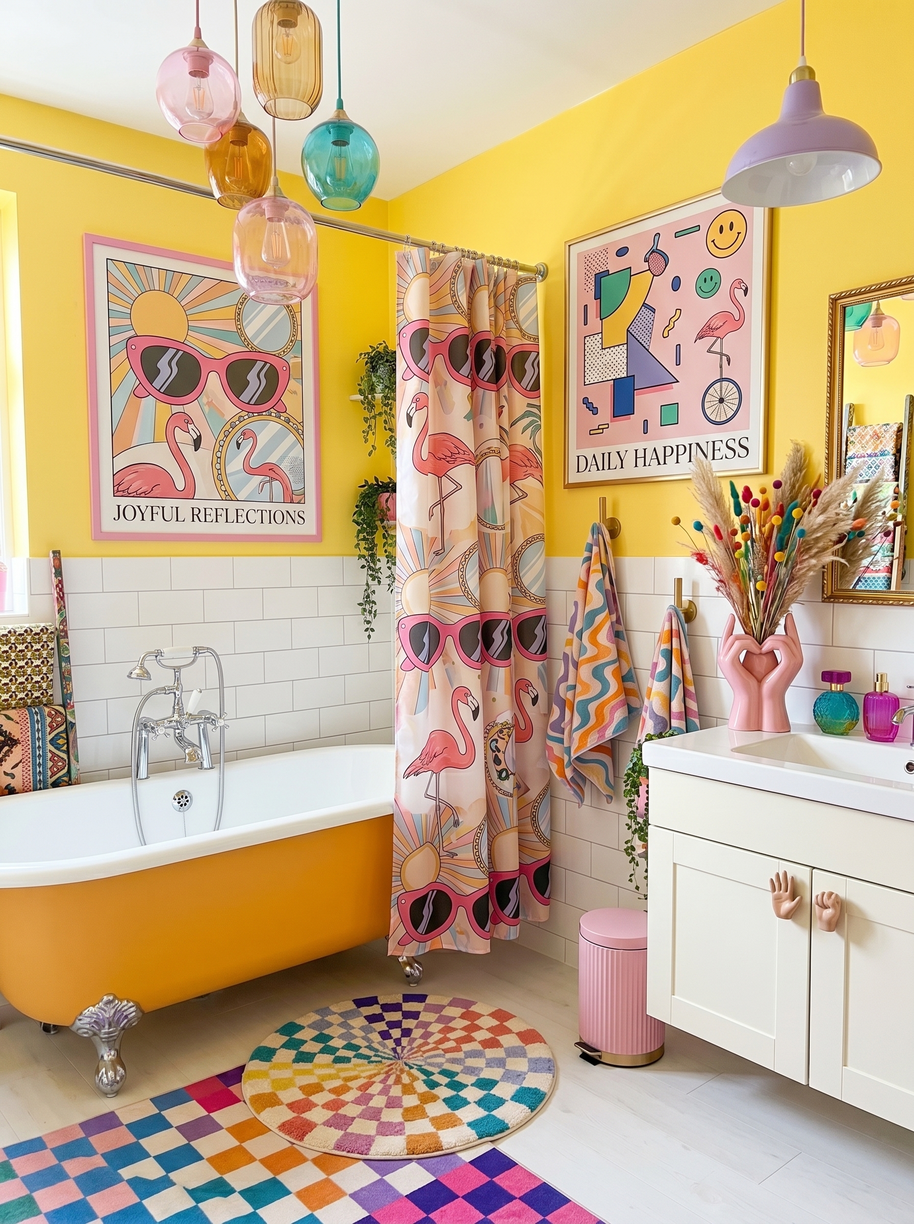 Pastel dopamine bathroom with mint clawfoot tub, blush pink tile floor, pastel neon art, glass bubble chandelier, and colorful decor