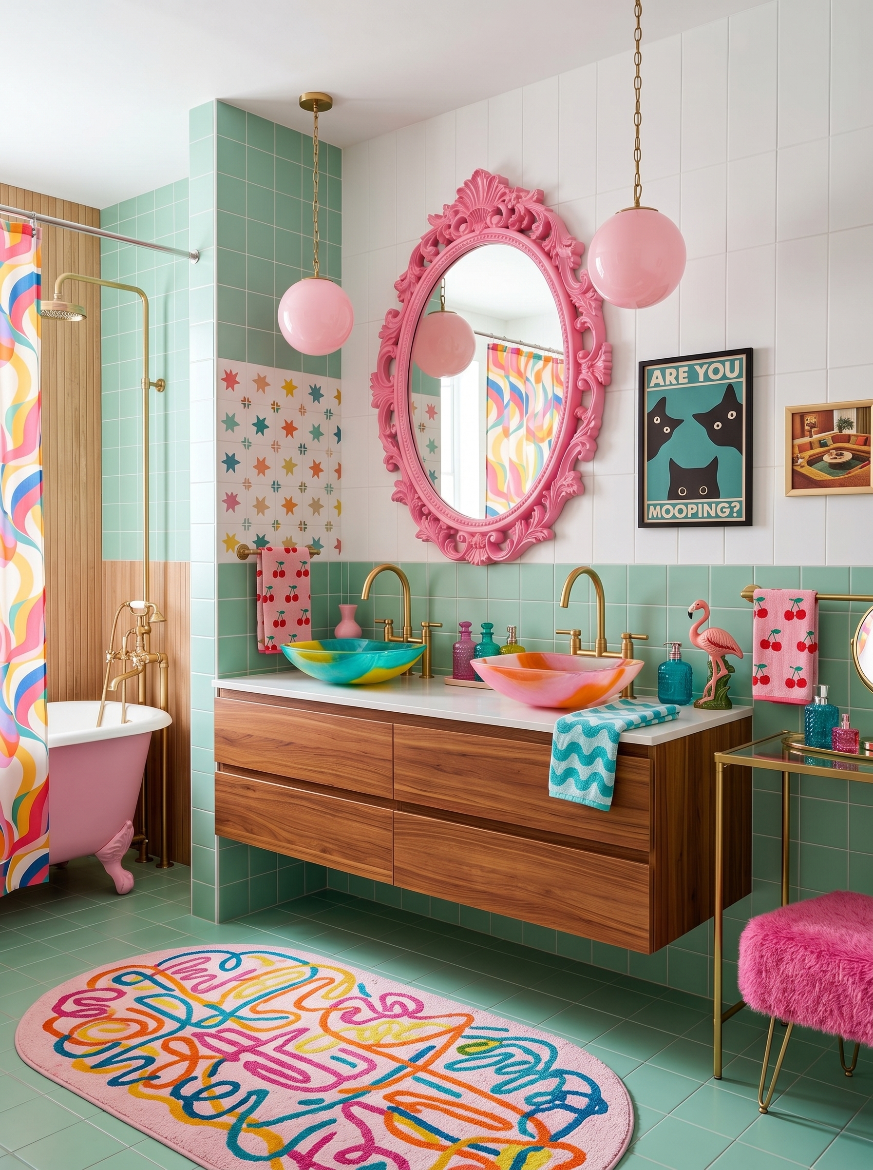 Yellow dopamine bathroom with yellow clawfoot bathtub, flamingo wall art, white subway tiles, colorful pendant lights, and rainbow rugs