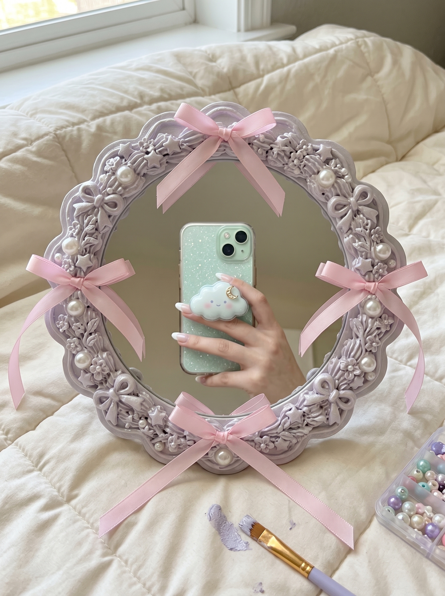 DIY mirror decor ideas with handmade mirror frame, flowers, pearls, rope, shells, and stylish room decor inspiration