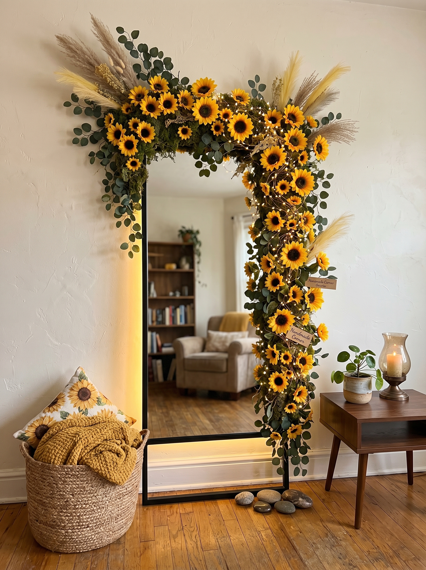 Nature-inspired DIY mirror with ivy leaves, flowers, butterflies, dragonflies, rustic twine, and cottagecore decor