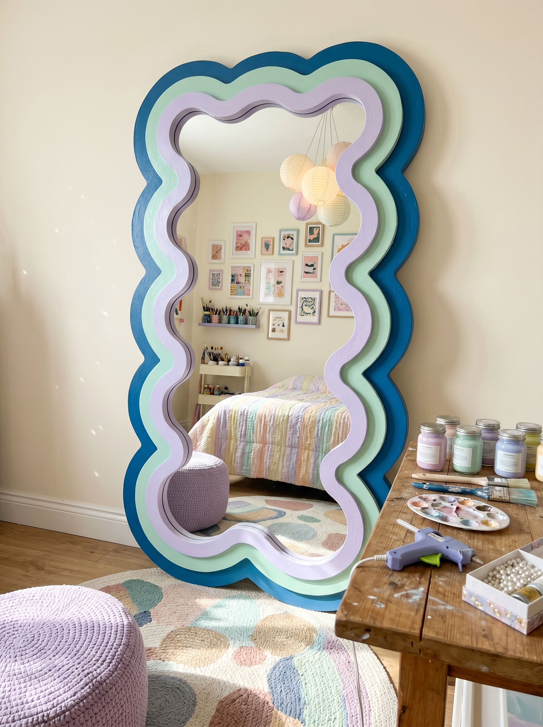 Sunflower full-length DIY mirror with eucalyptus leaves, pampas grass, fairy lights, moss, and boho farmhouse styling