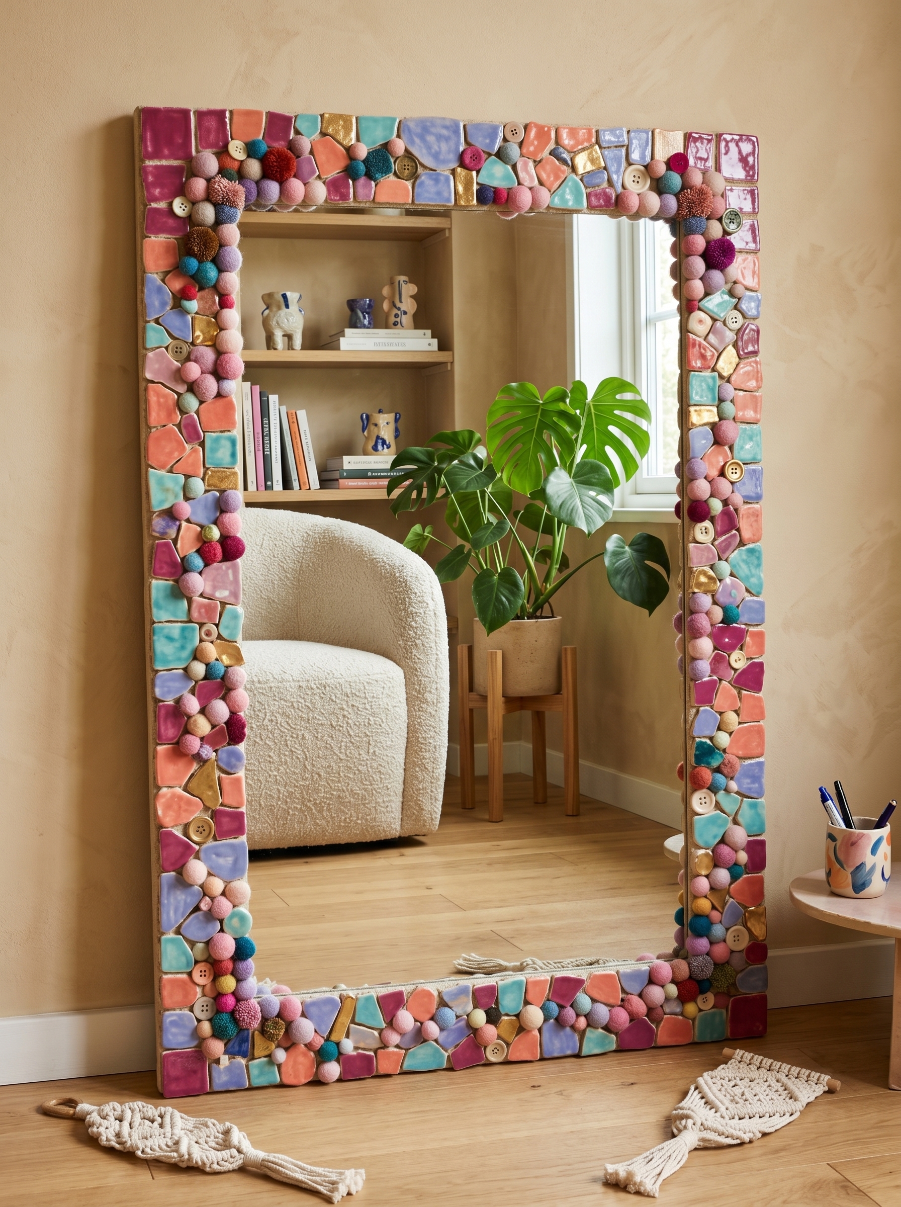 Floral DIY mirror with pink roses, burgundy flowers, pearls, crystals, gold leaves, succulents, and half-frame design
