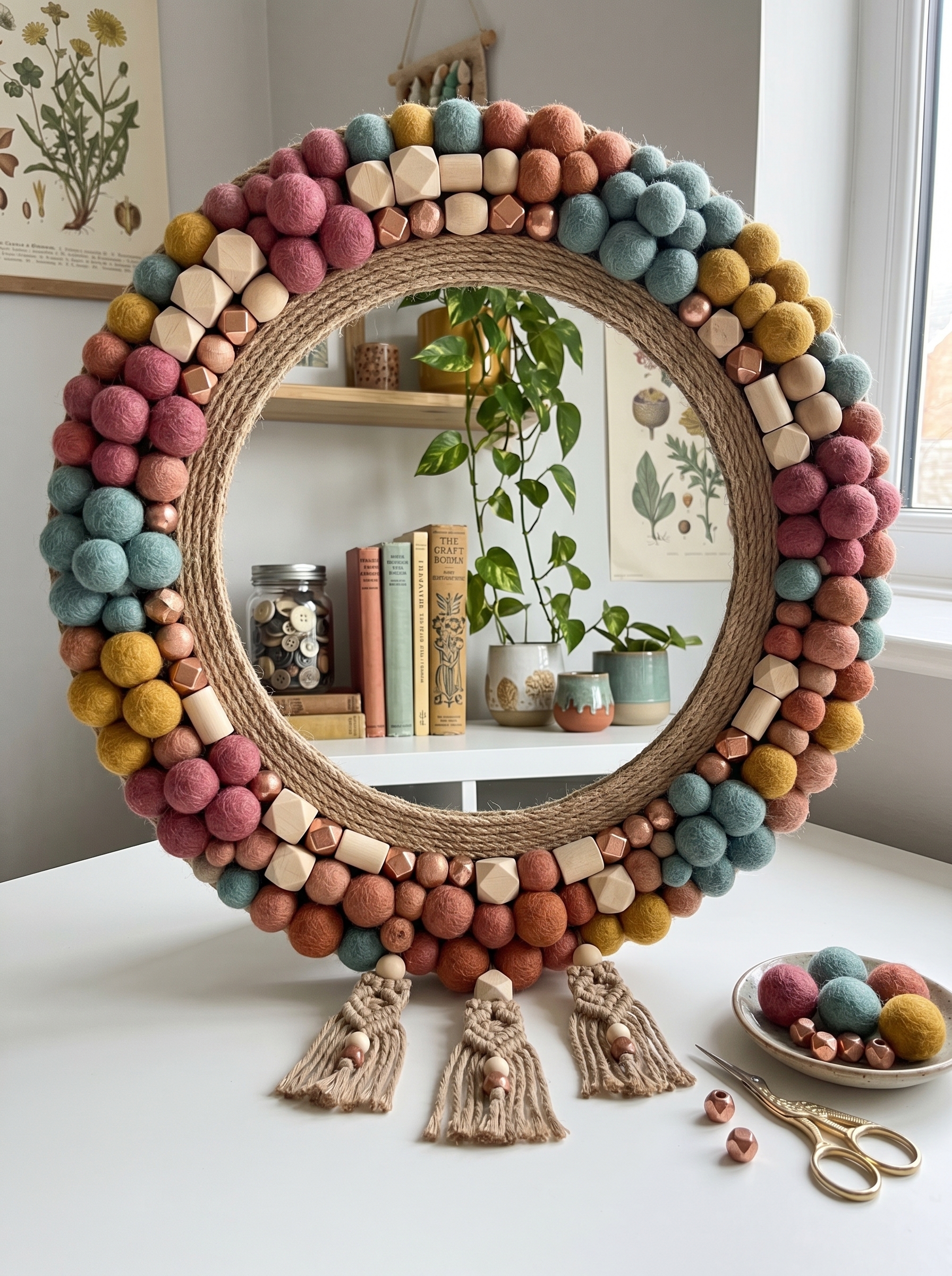 Colorful mosaic full-length DIY mirror with pastel tiles, ceramic pieces, pom-poms, buttons, turquoise details, and gold accents