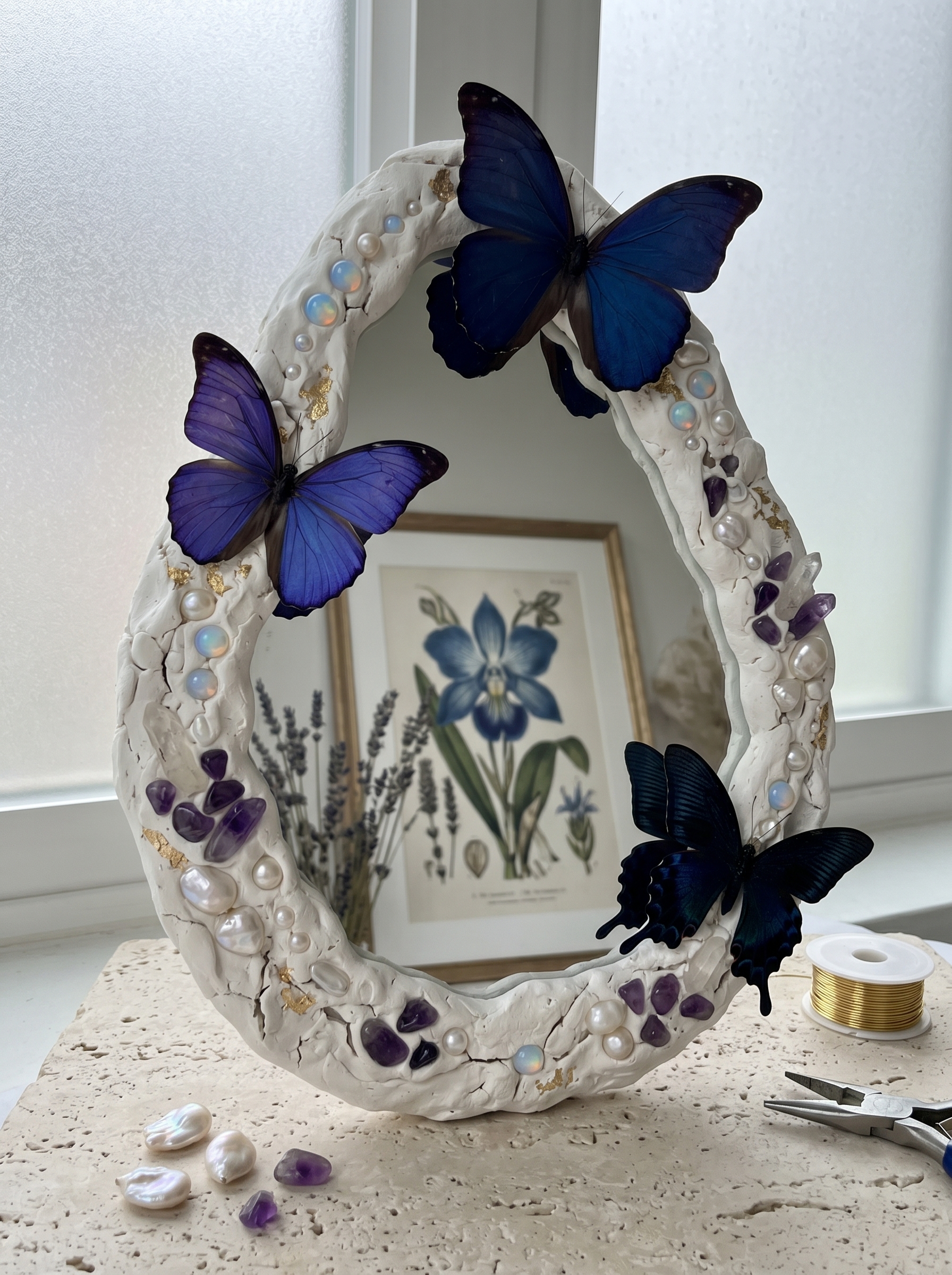 Arched mosaic DIY mirror with Mediterranean tile frame, floral patterns, blue border, turquoise accents, and boho wall decor