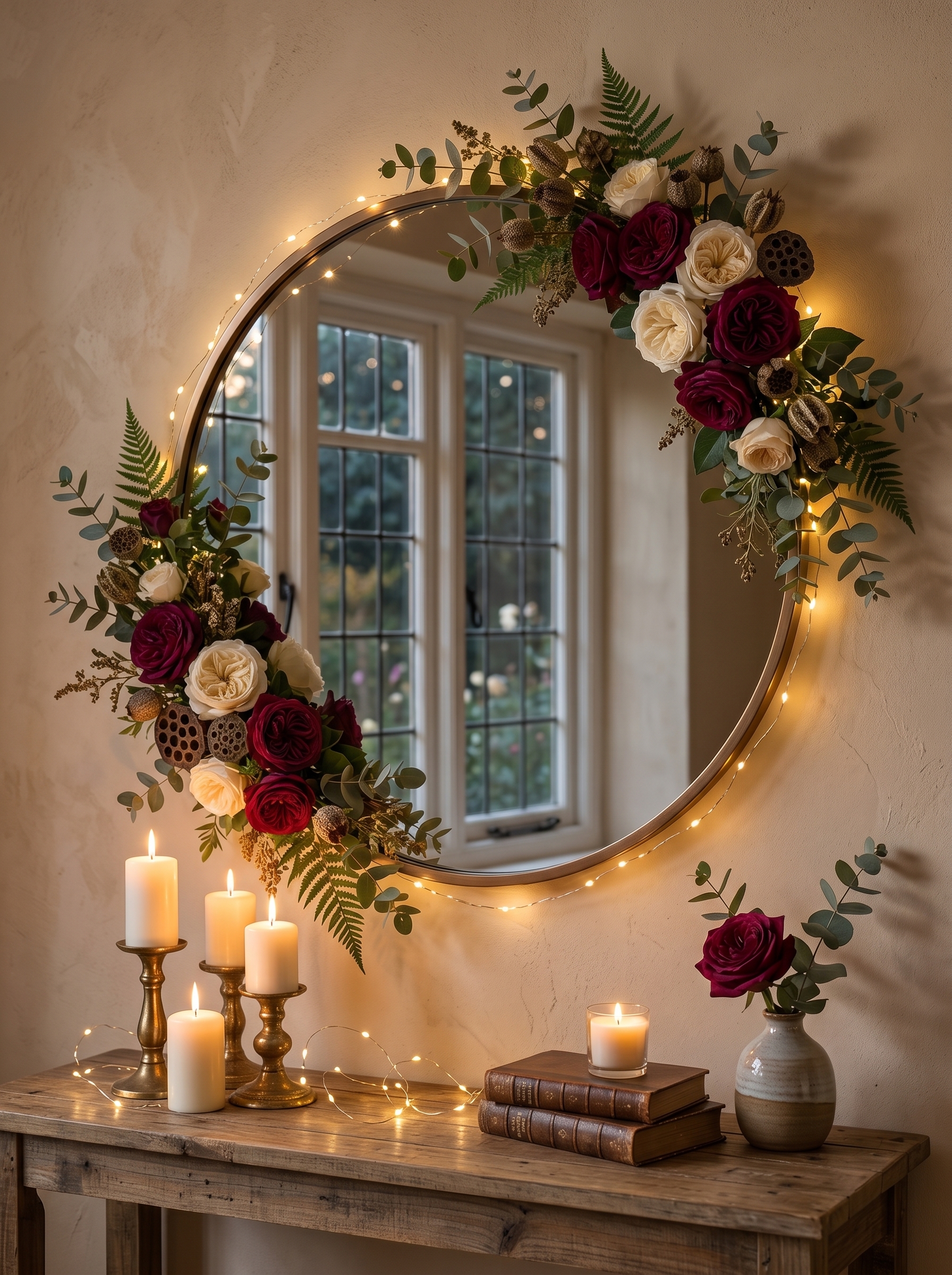 Rustic rope and seashell DIY mirror with layered jute frame, spiral shells, scallop shells, conch details, and coastal decor
