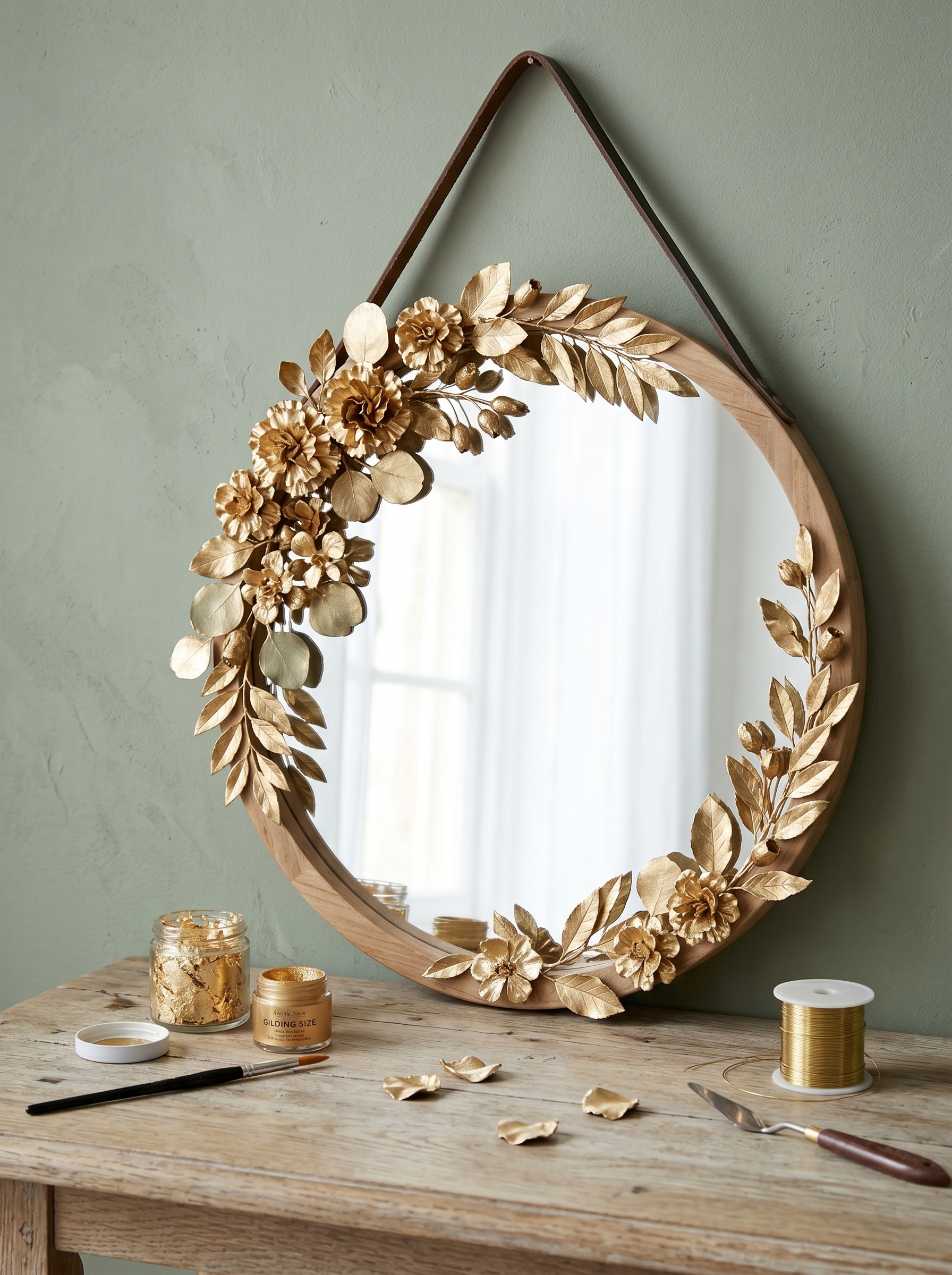 Romantic floral DIY mirror with burgundy roses, white flowers, eucalyptus, fern accents, fairy lights, and vintage wall decor