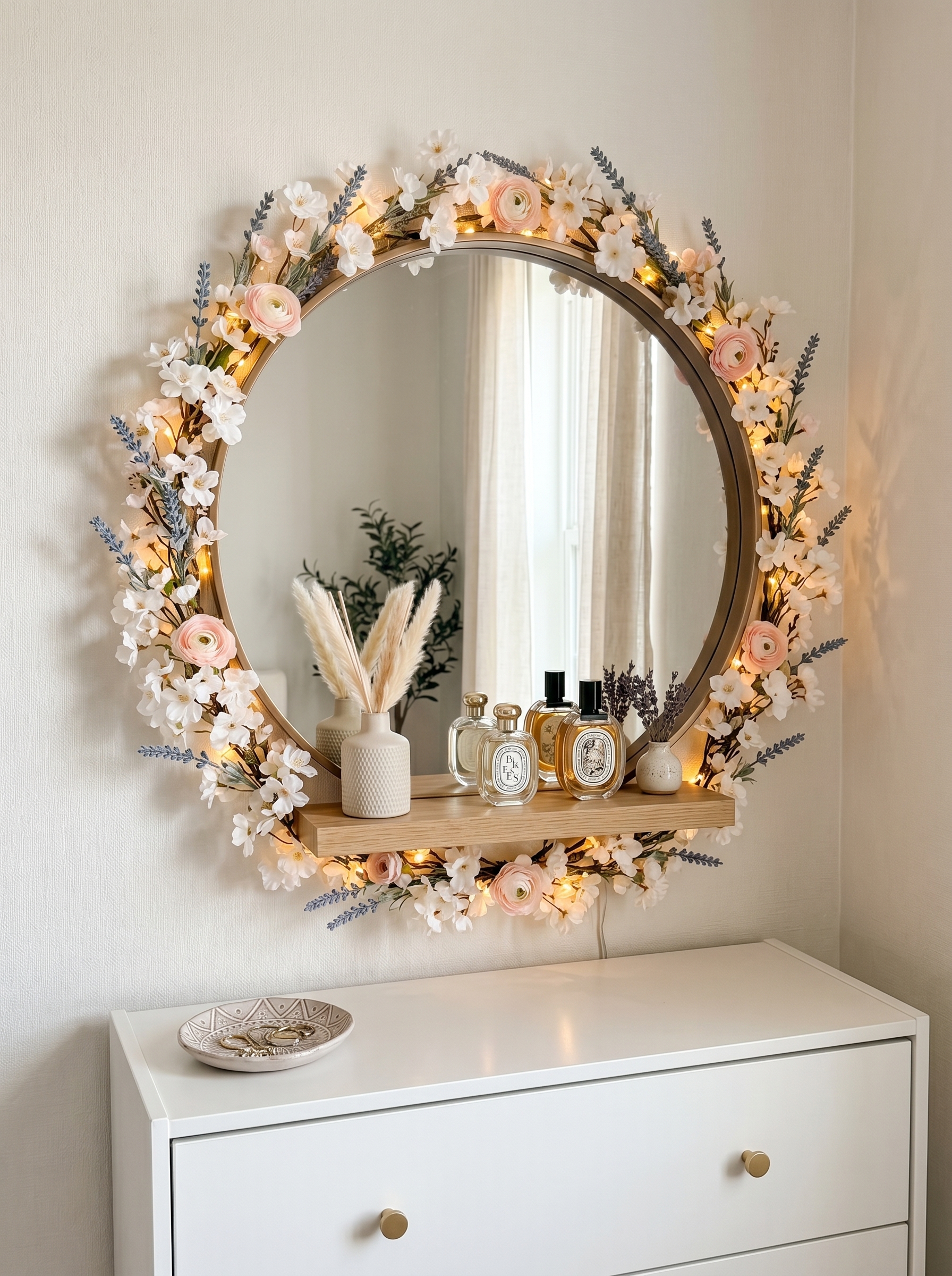 Gold leaf wooden DIY mirror frame with metallic flowers, gilded leaves, leather strap, natural wood, and rustic wall decor