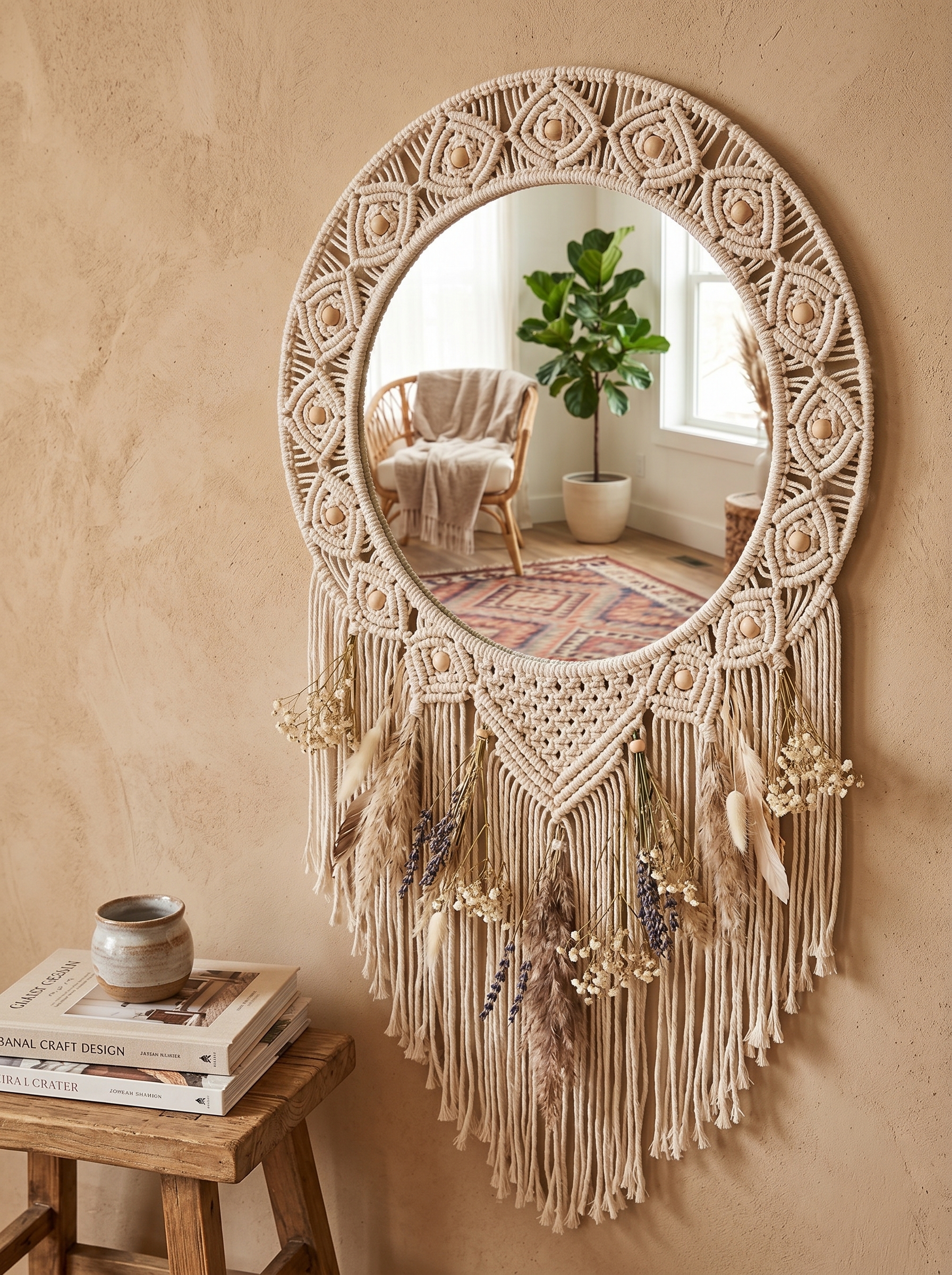Floral vanity DIY mirror with fairy lights, white blossoms, pink roses, lavender sprigs, small shelf, and feminine decor