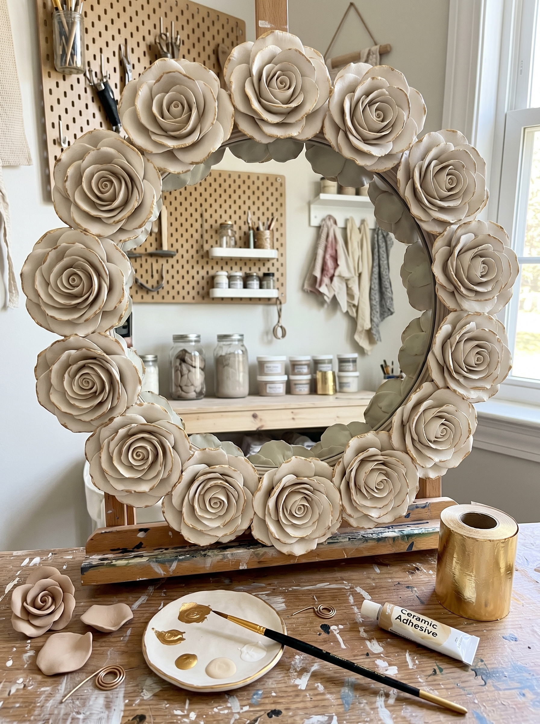 Irregular floral DIY mirror with LED backlighting, gold frame, pink blossoms, coral flowers, peach roses, and asymmetrical decor